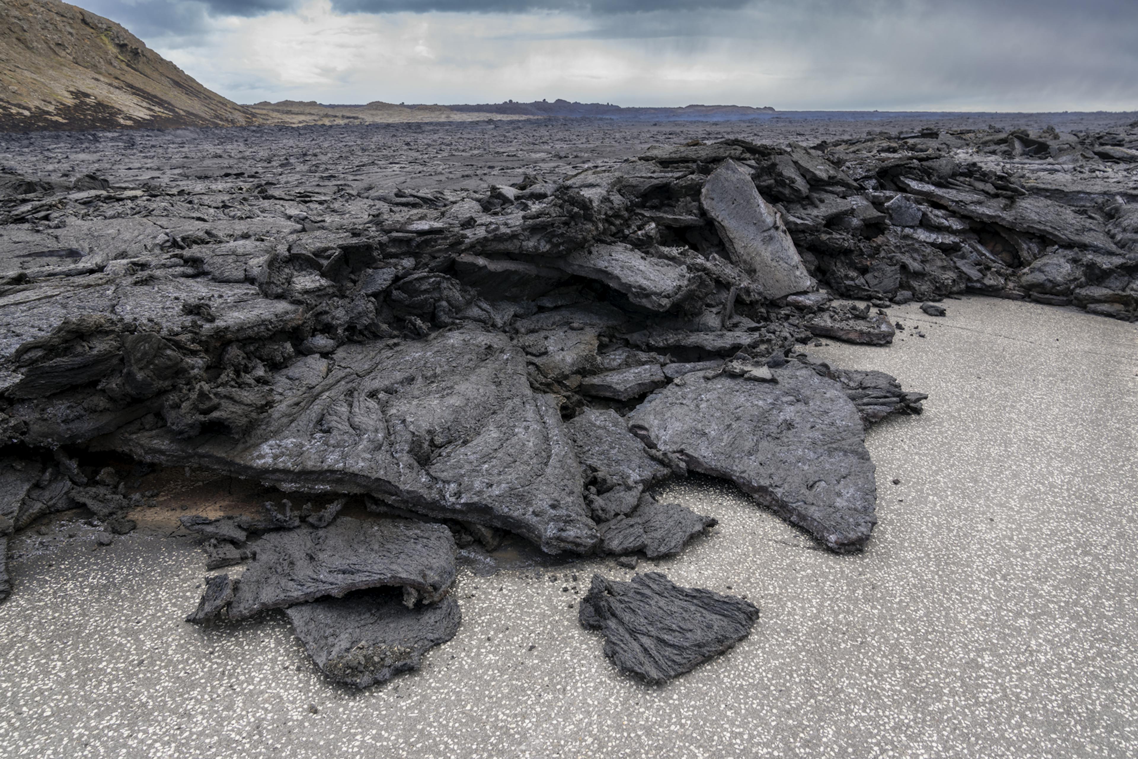 Magma that has hardened over the road