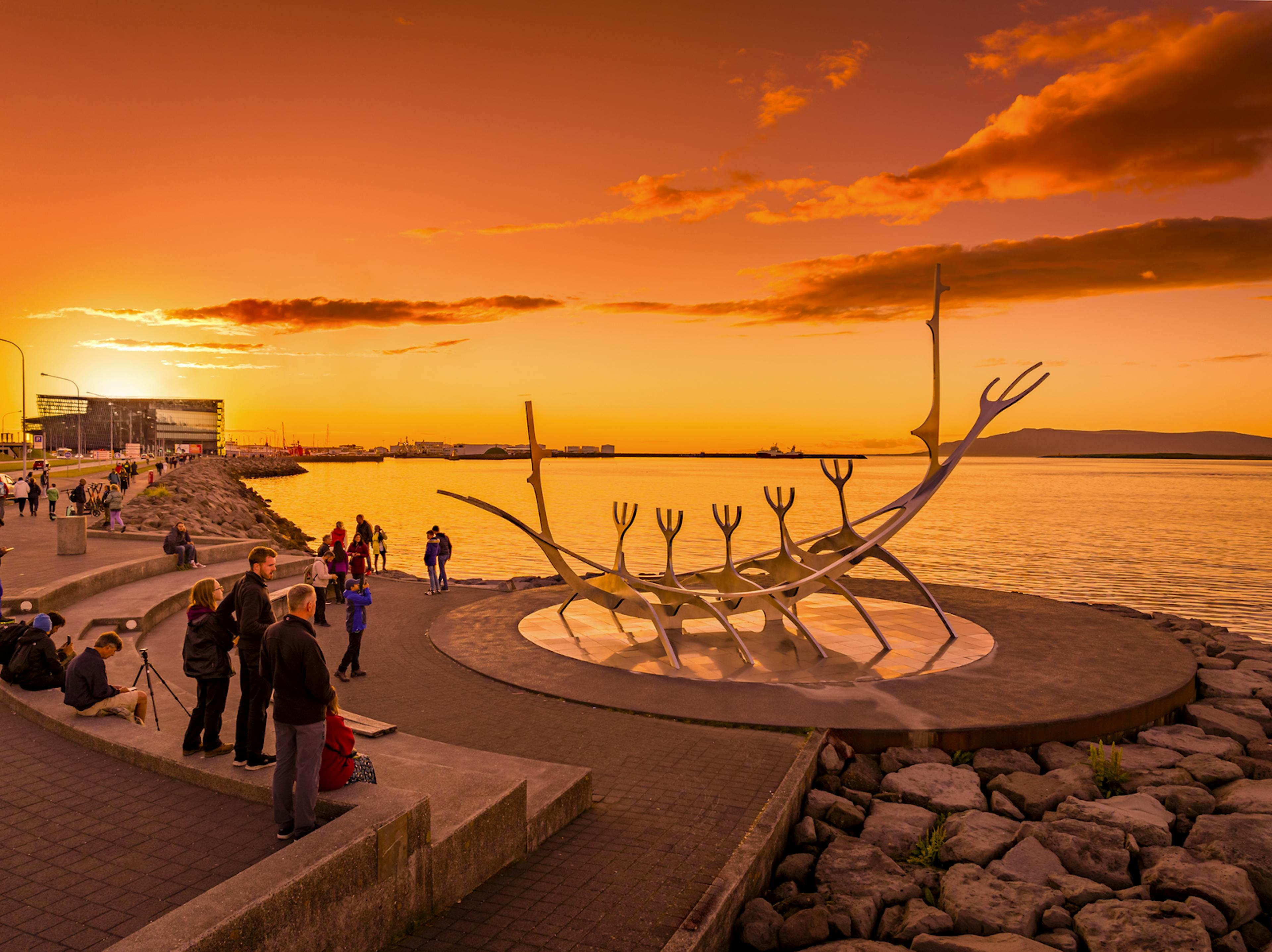 Sunset in Reykjavik, with view of Voyager Sculpture