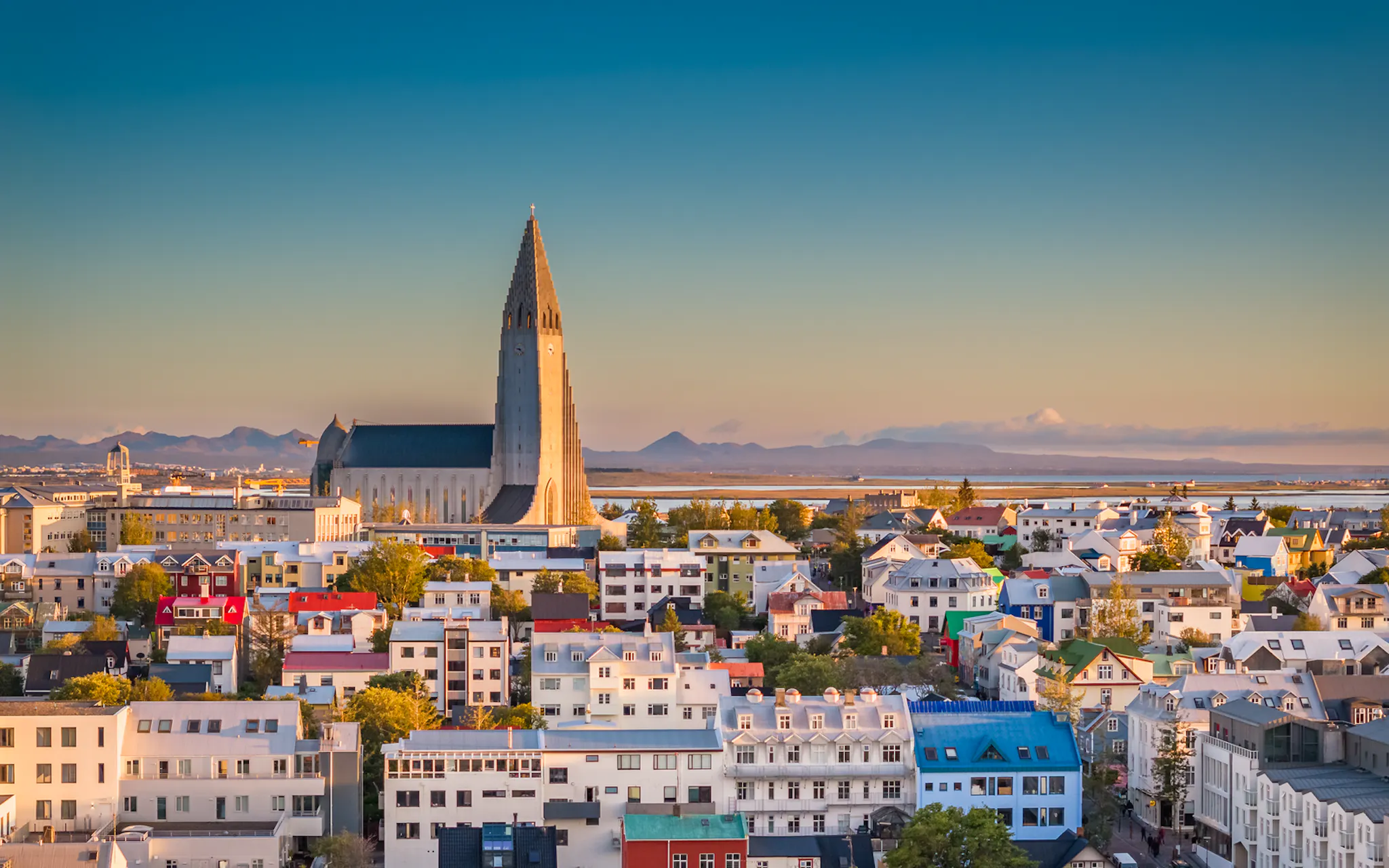View across colourful Reykjavik towards Hallgrímskirkja