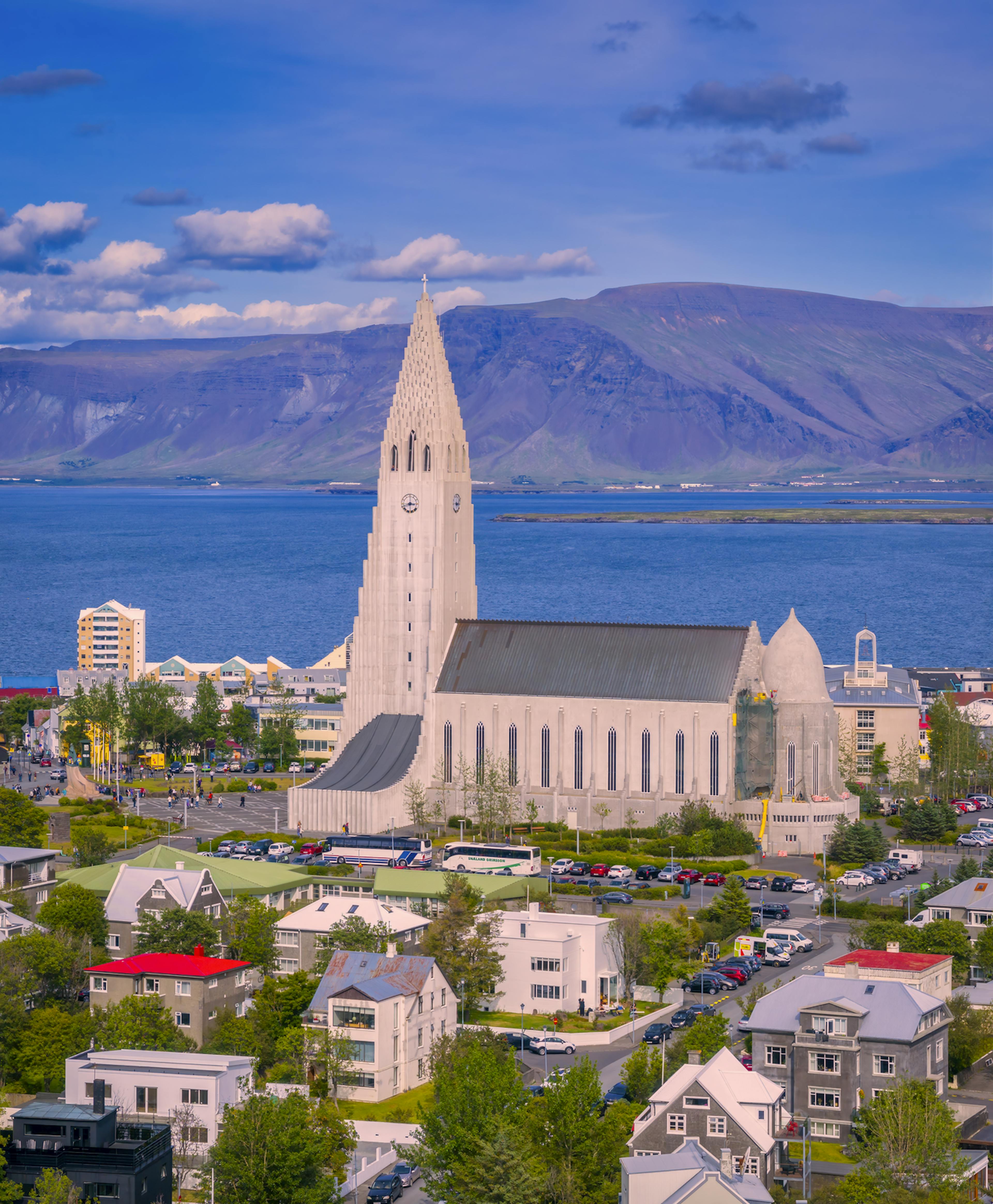 hallgrimskirkja in the summer with esjan in the background