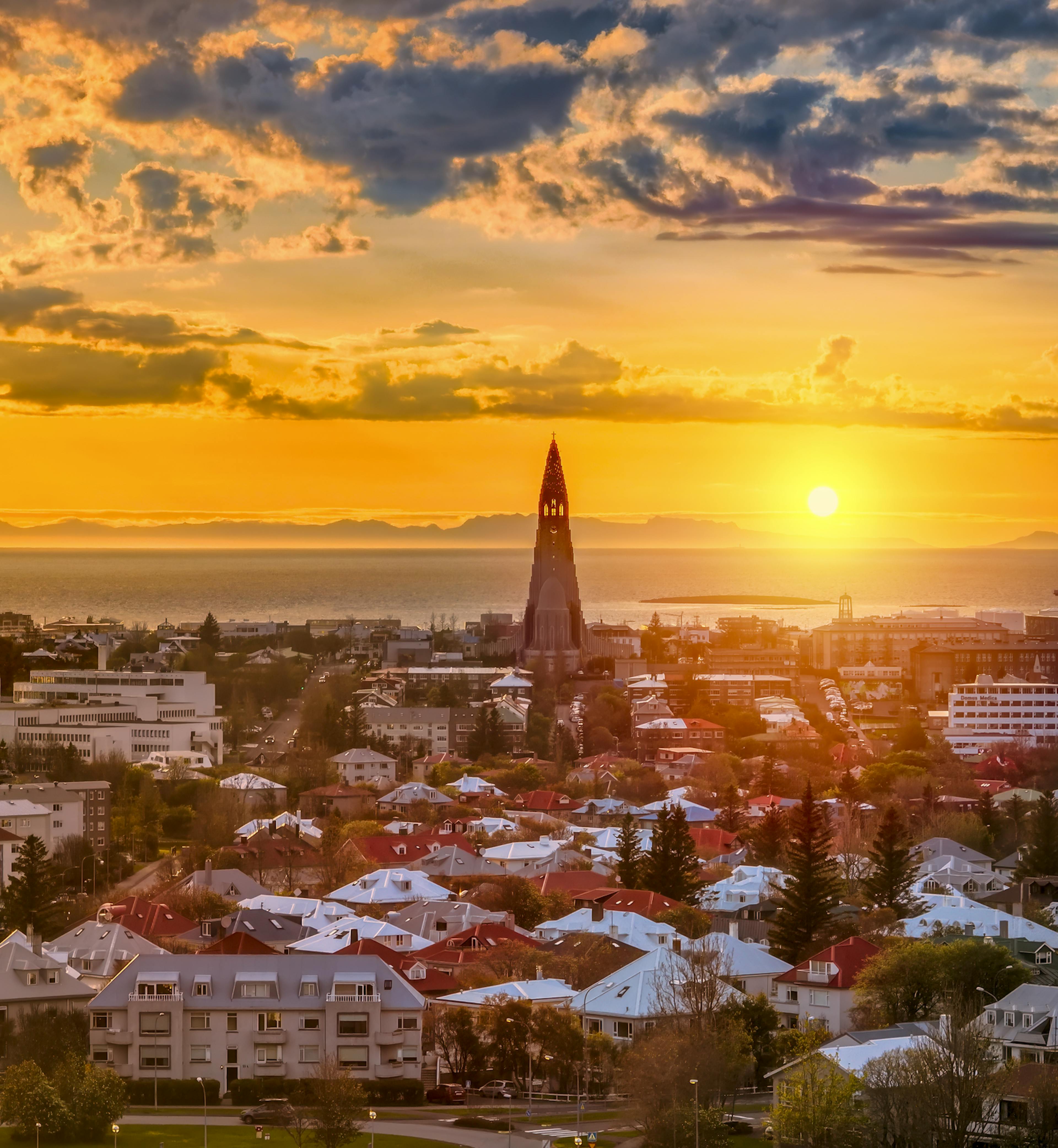 reykjavik in the midnight sun with hallgrimskirkja sticking out