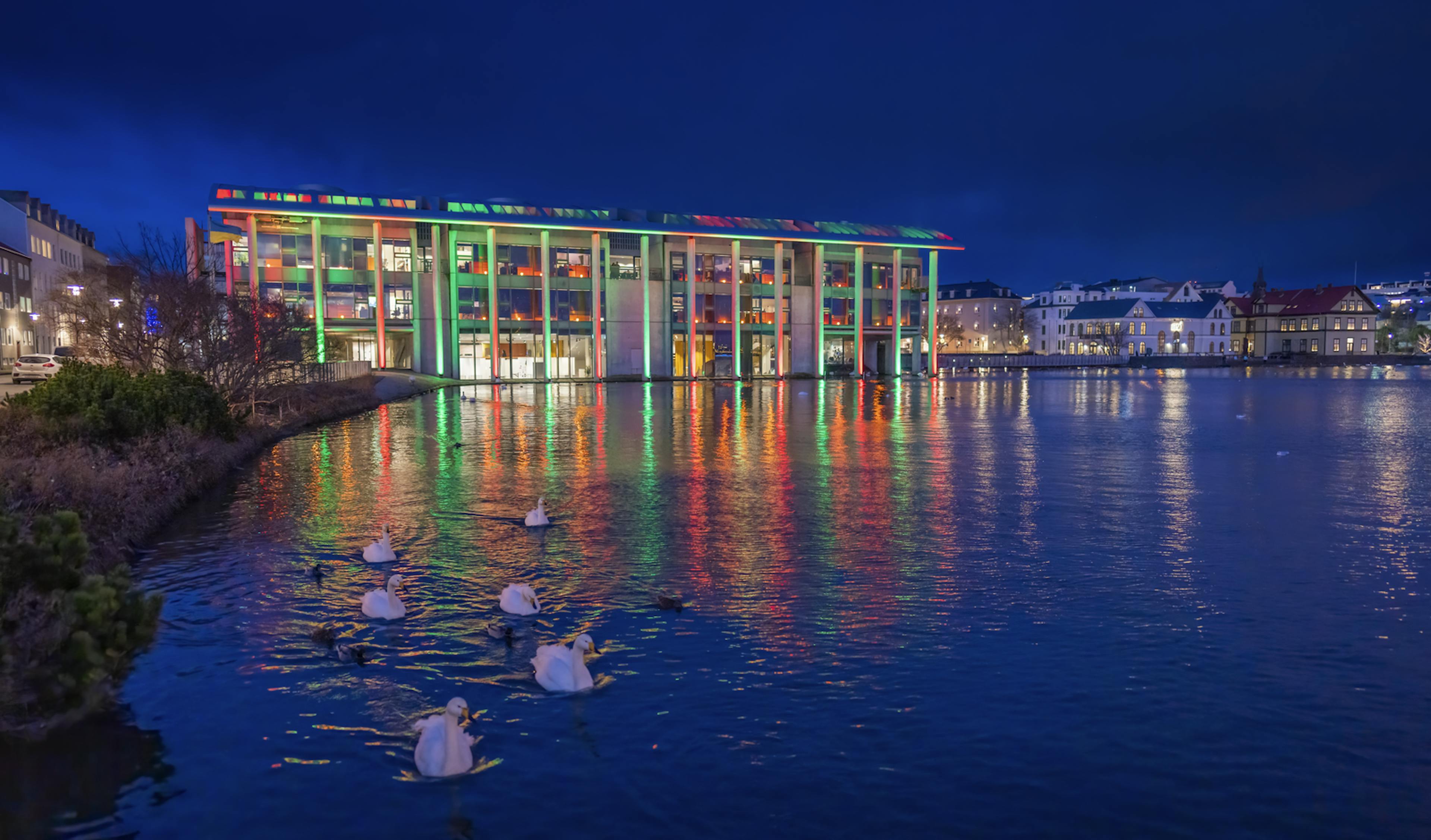 The pond- Tjörnin in Reykjavik at night 