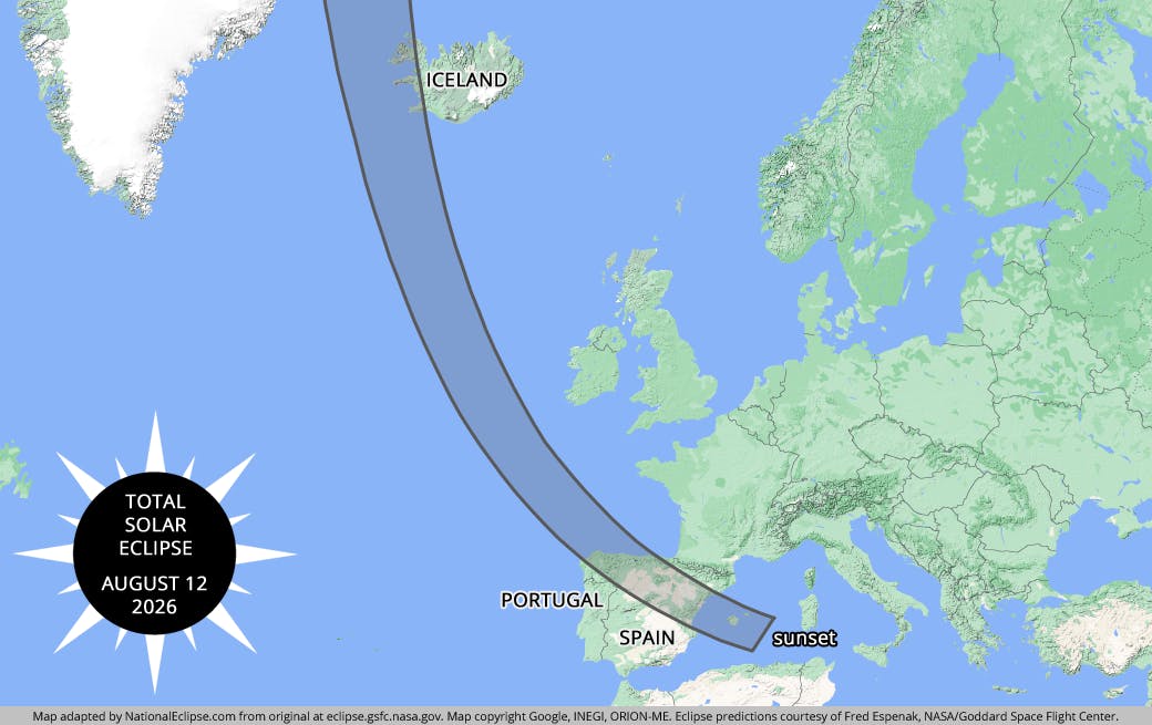 Map of the total eclipse over Greenland, Iceland, Portugal and Spain