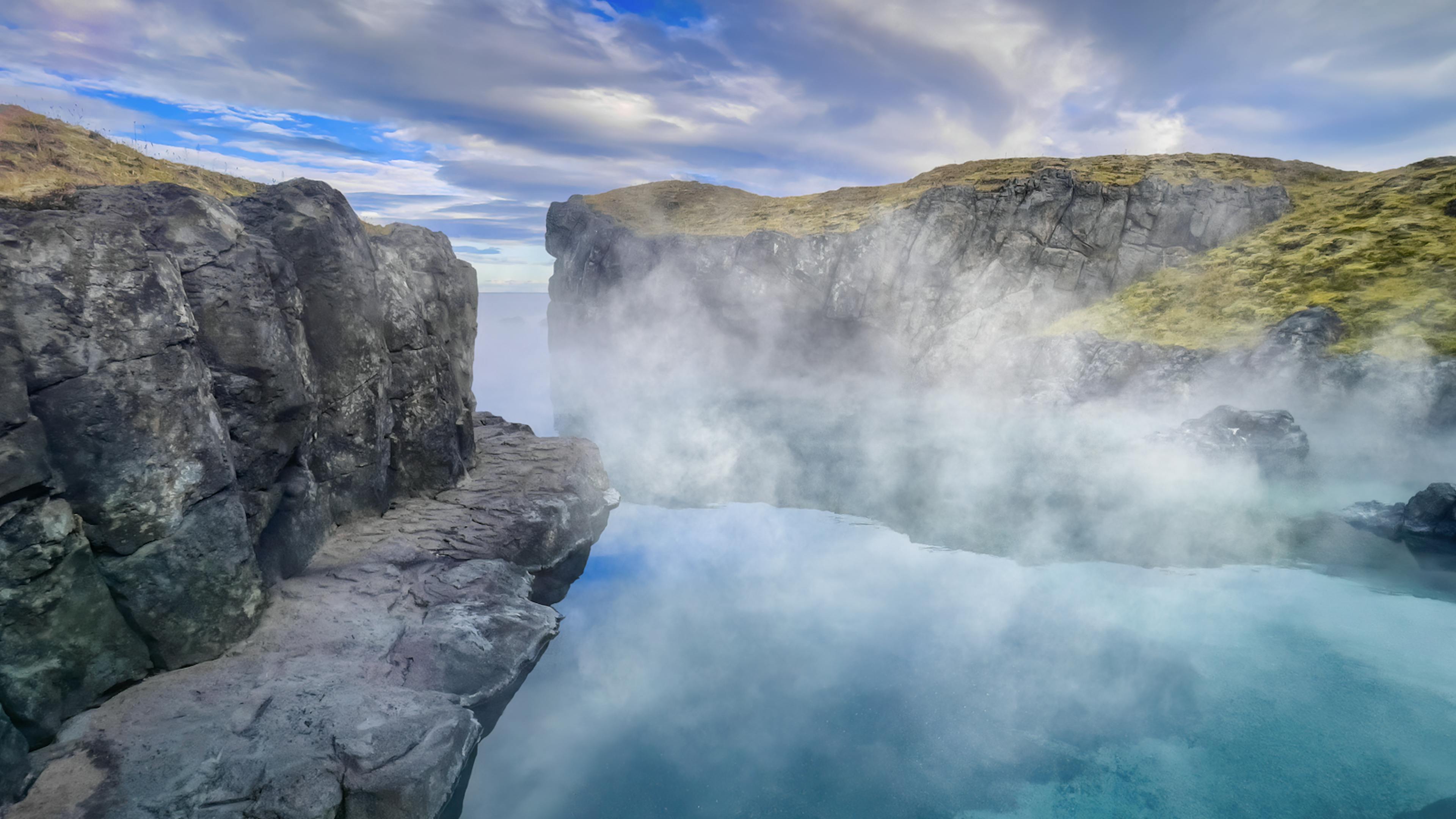 Sky Lagoon between cliffs