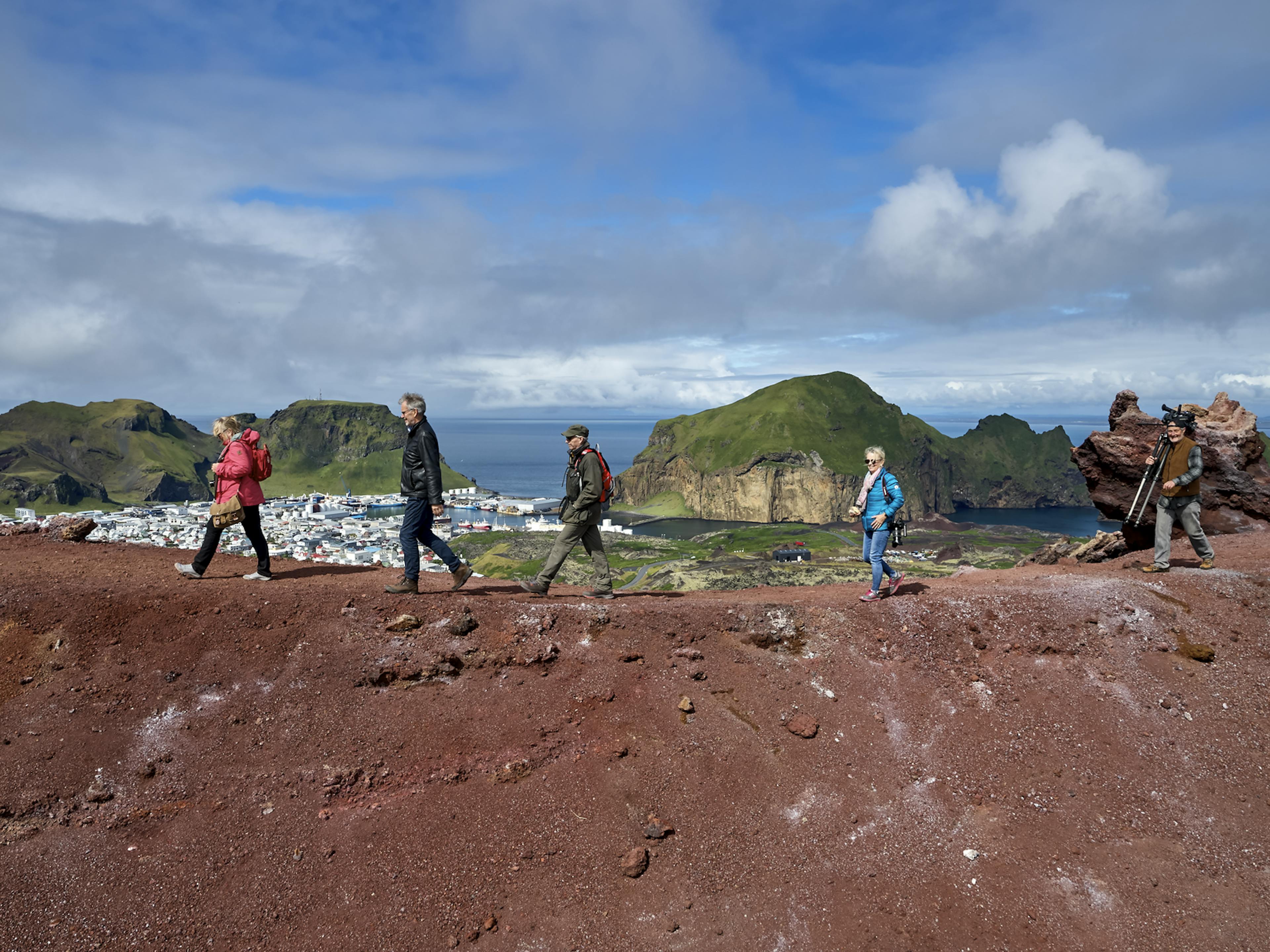 People hiking Eldfell