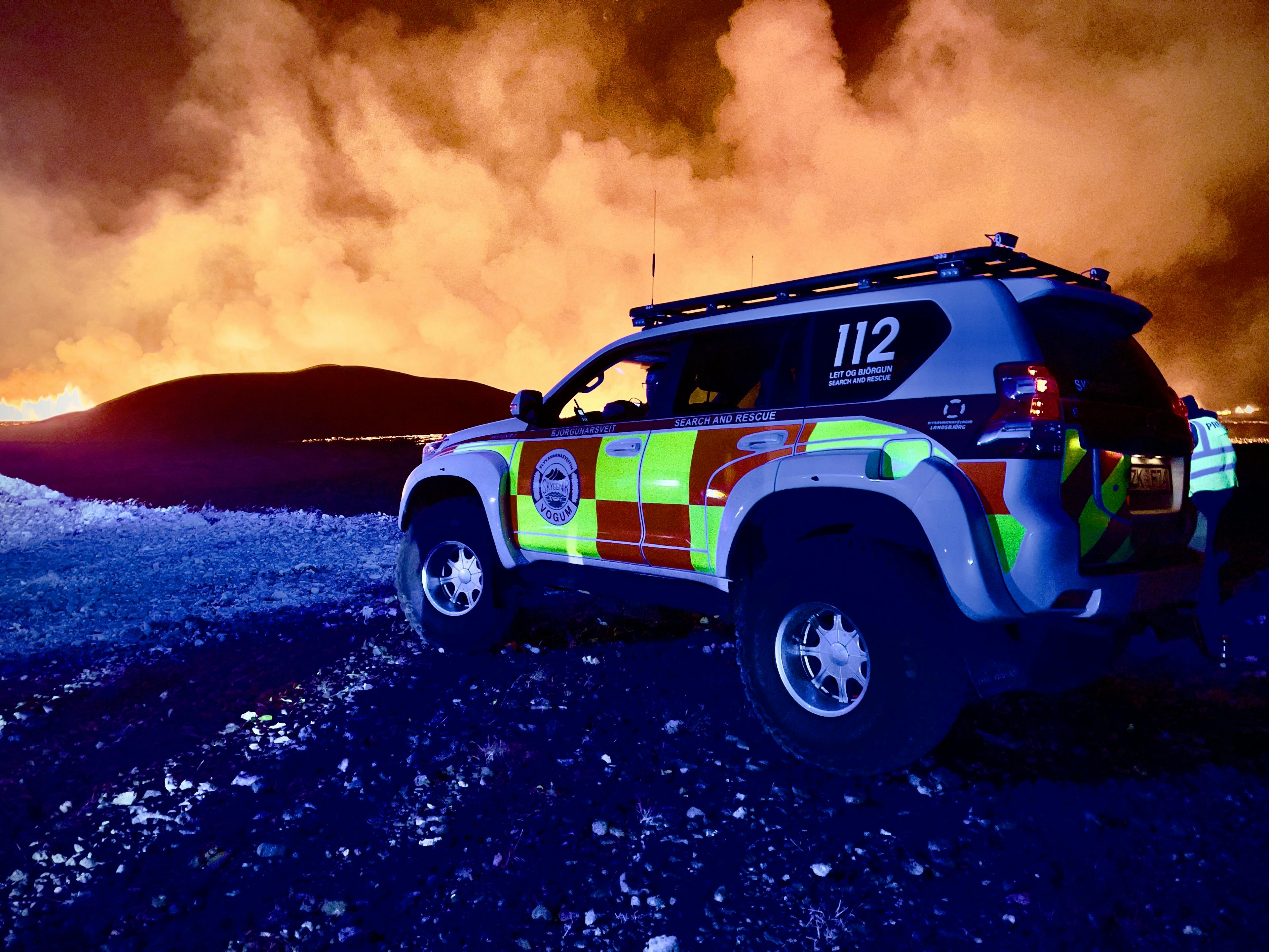 police car near the volcano eruption in reykjanes