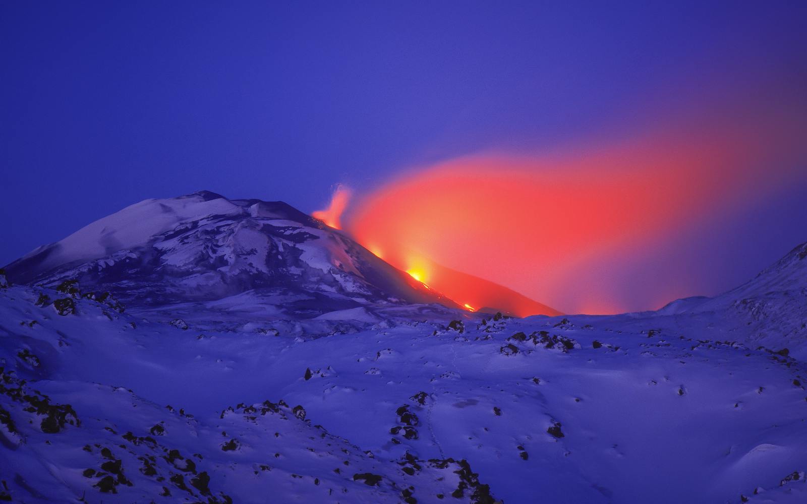 eruption from composite volcano in the winter