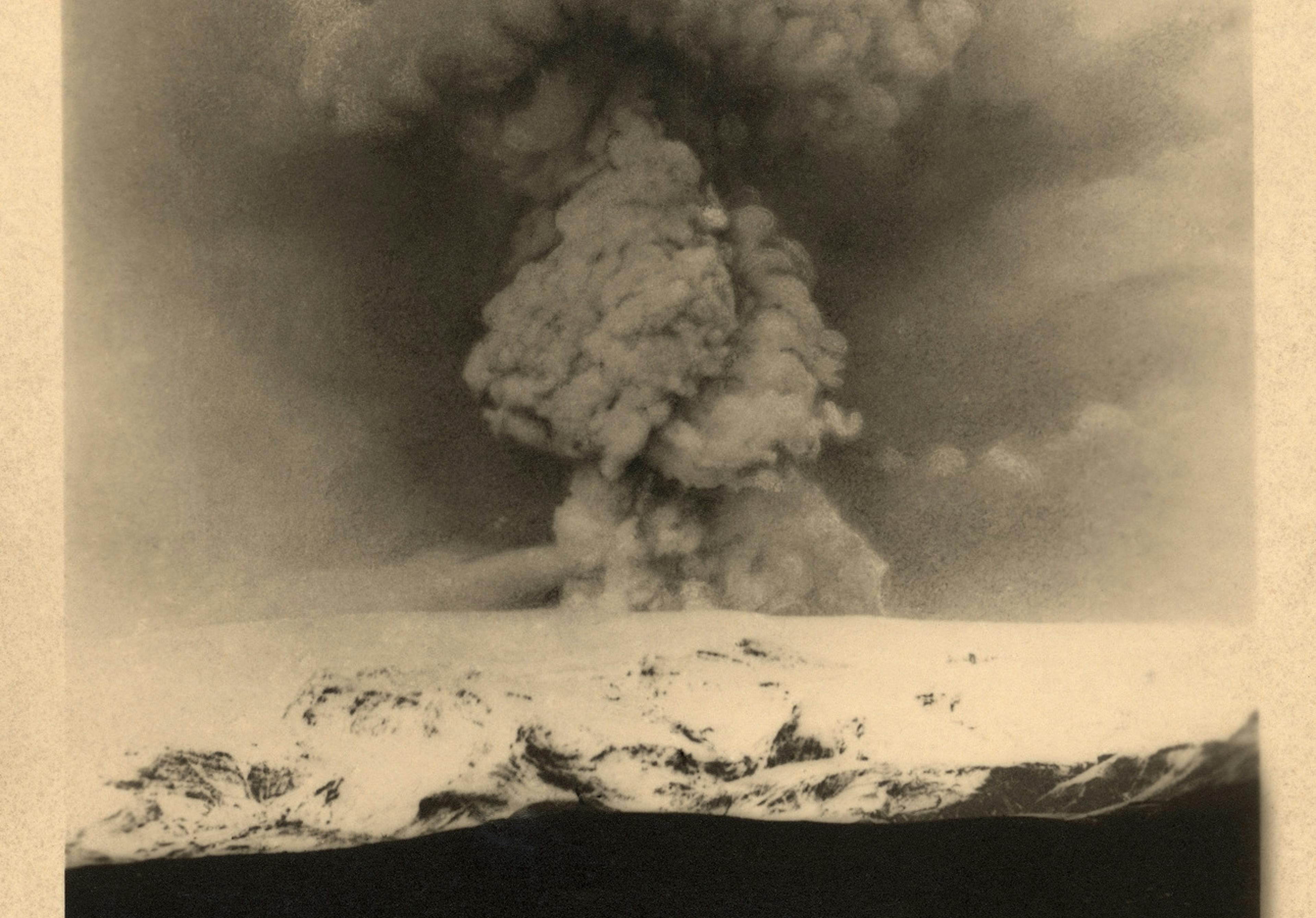 an old black and white photo of an eruption in iceland