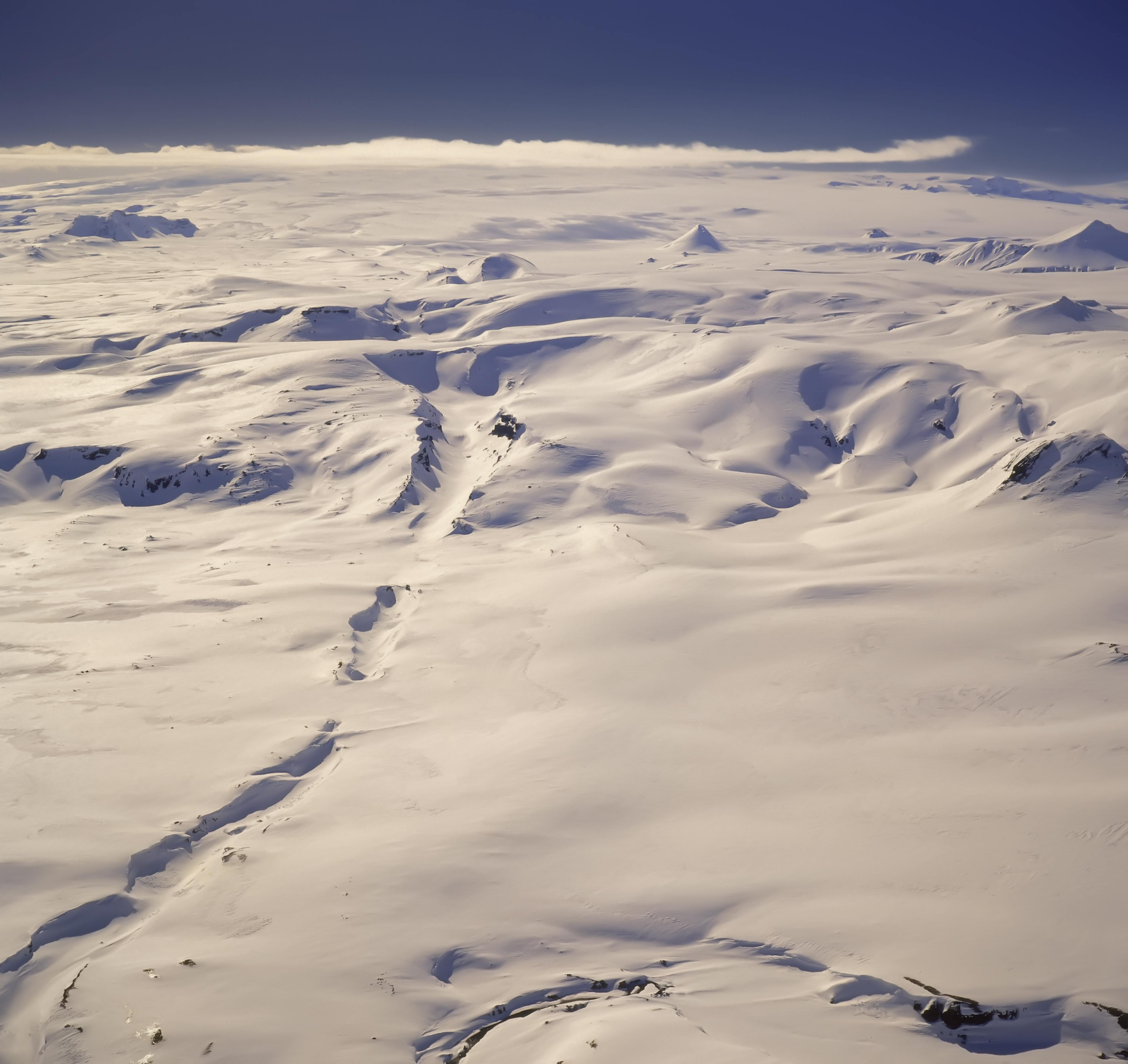 Aerial view of Eldjá covered in Snow