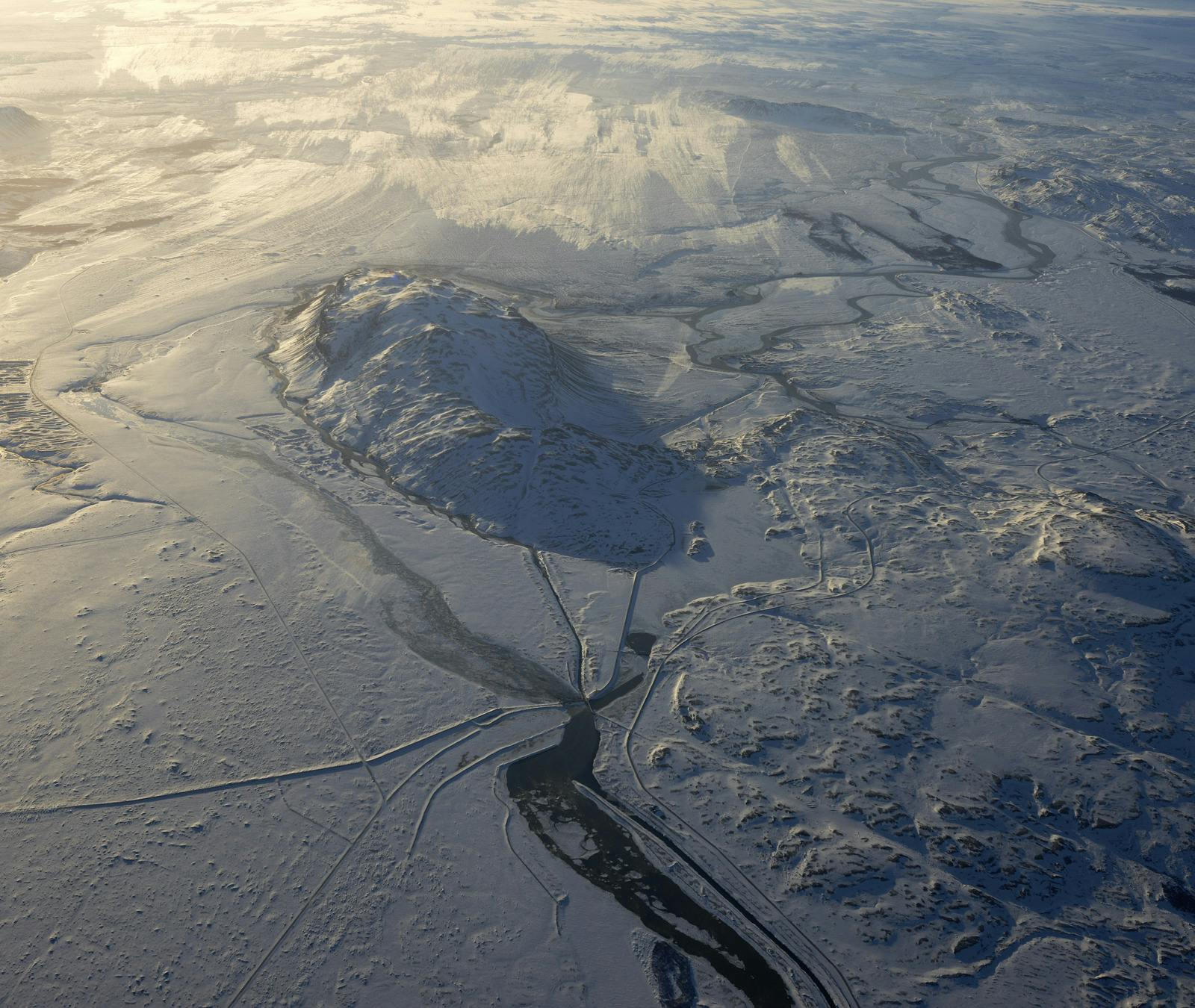 Búrfell from an aerial view covered in snow