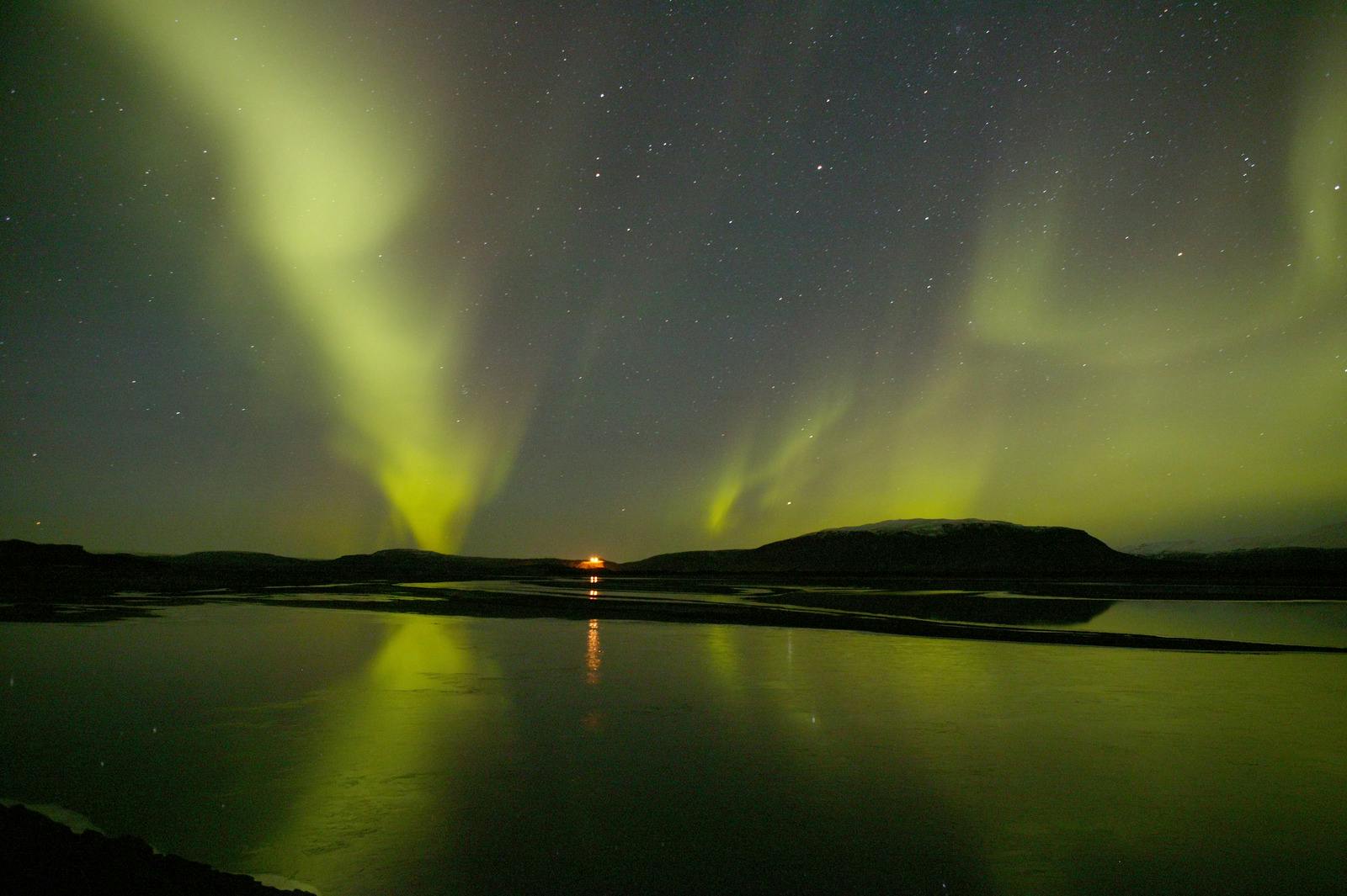 Northern lights surrounding Búrfell mountain