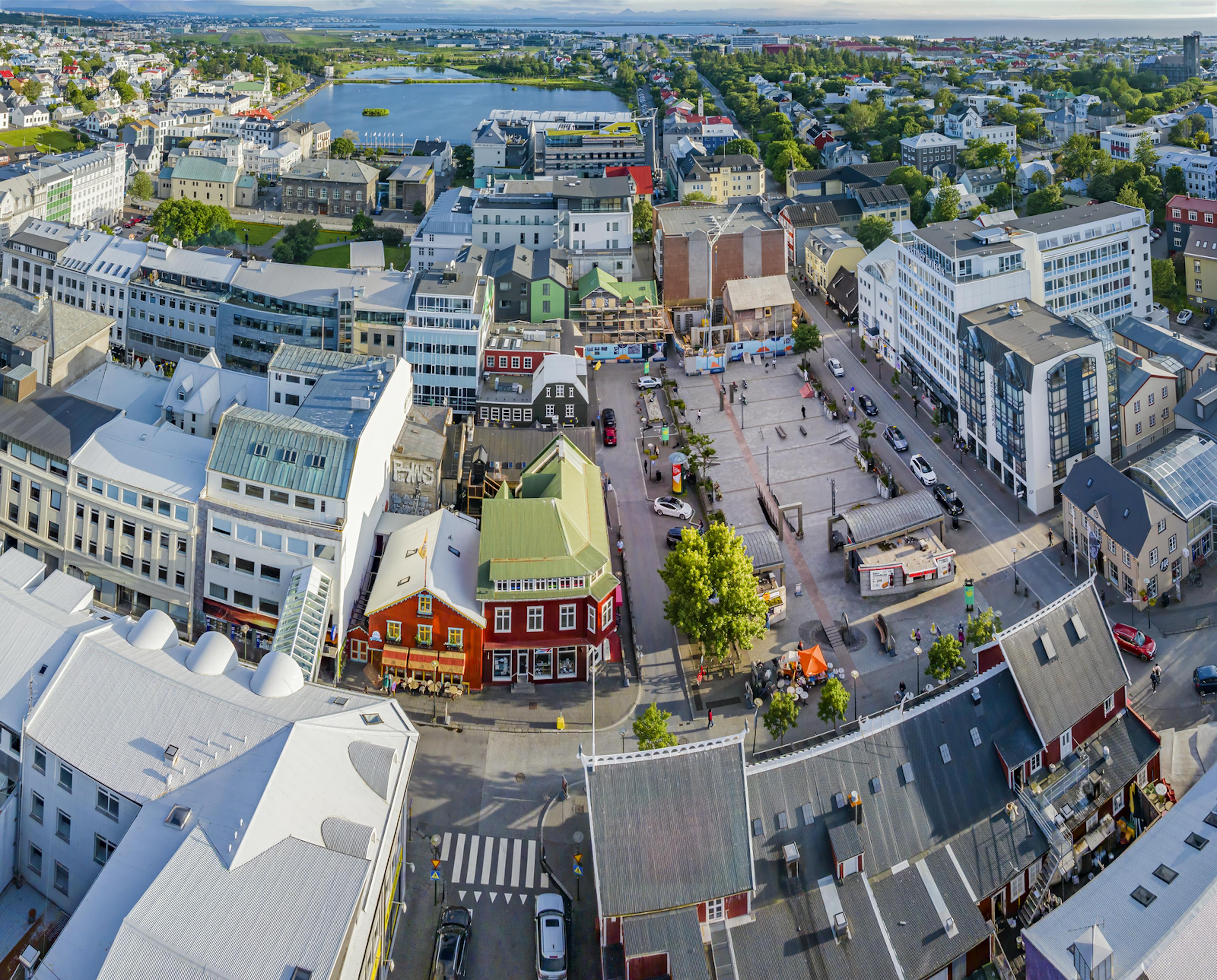 Aerial view of downtown reykjavík with older houses