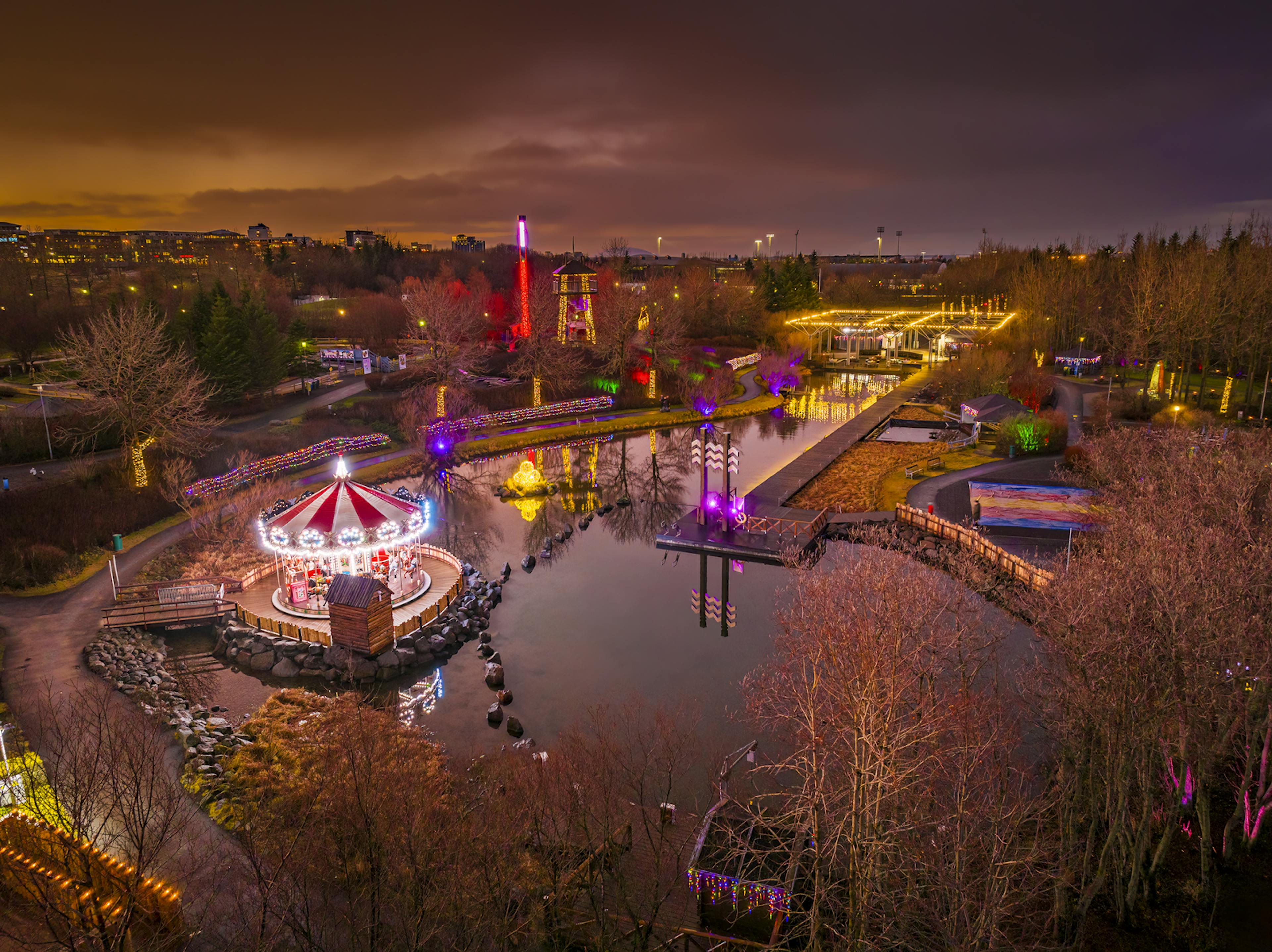 nighttime winter shot of húsdýragarðurinn petting zoo reykajvik