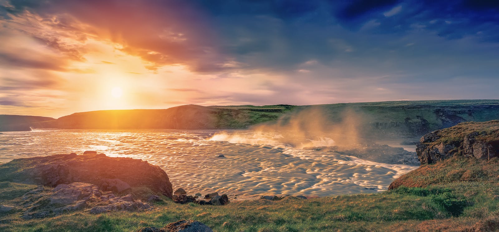 thjorsarhraun waterfall with the sunset