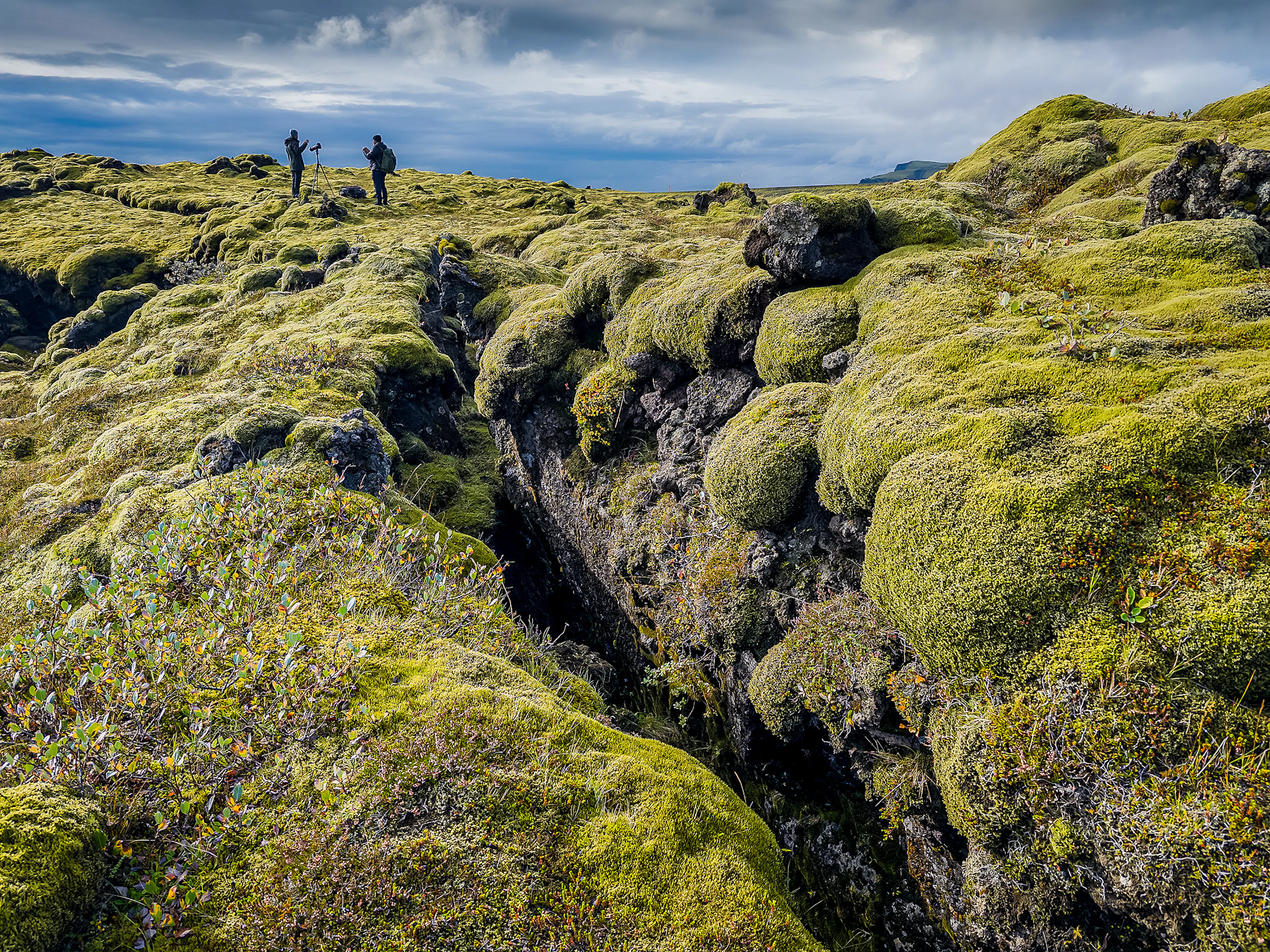 Two people on thick greenish grey Icelandic moss