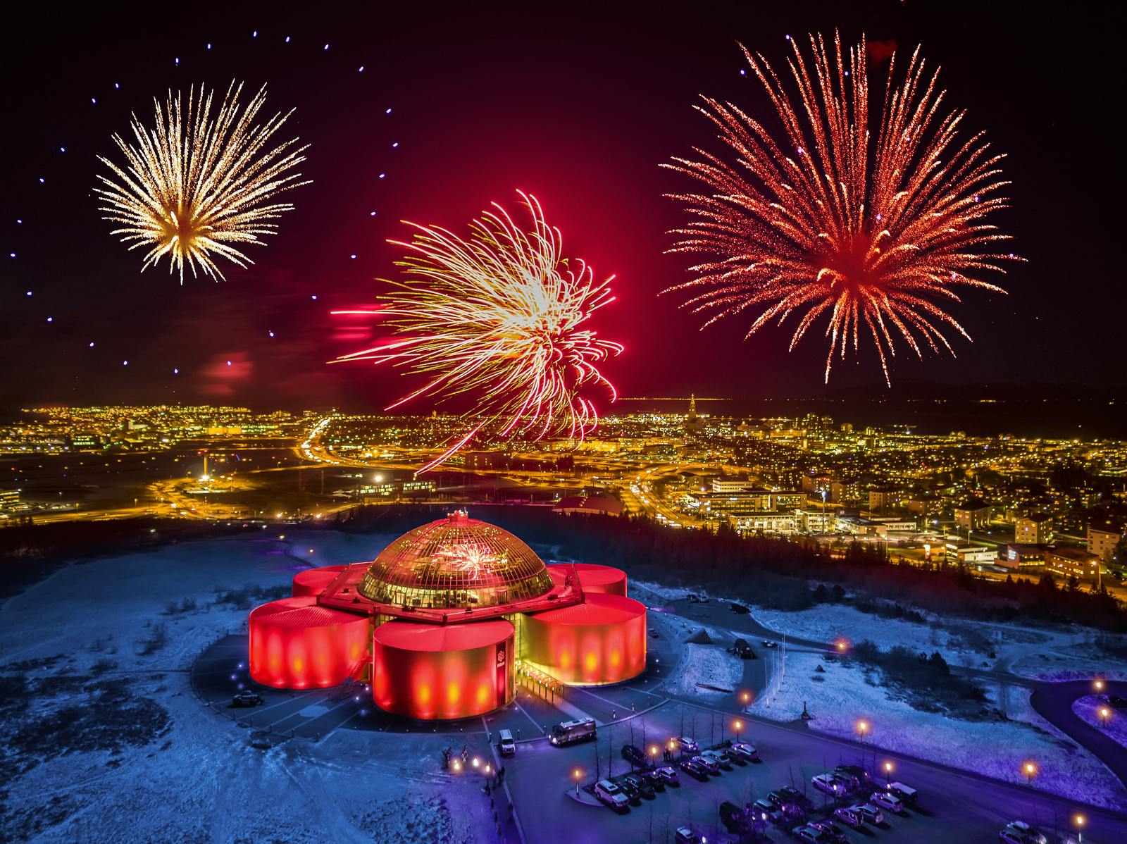 Fireworks on New Years Eve over Perlan Museum