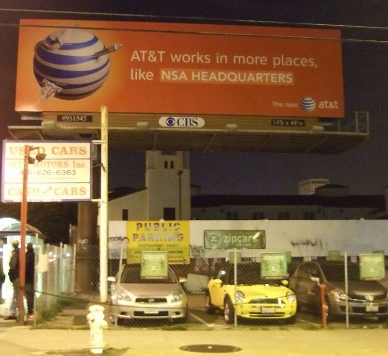 A vandalized At&T billboard by the Billboard Liberation Front 