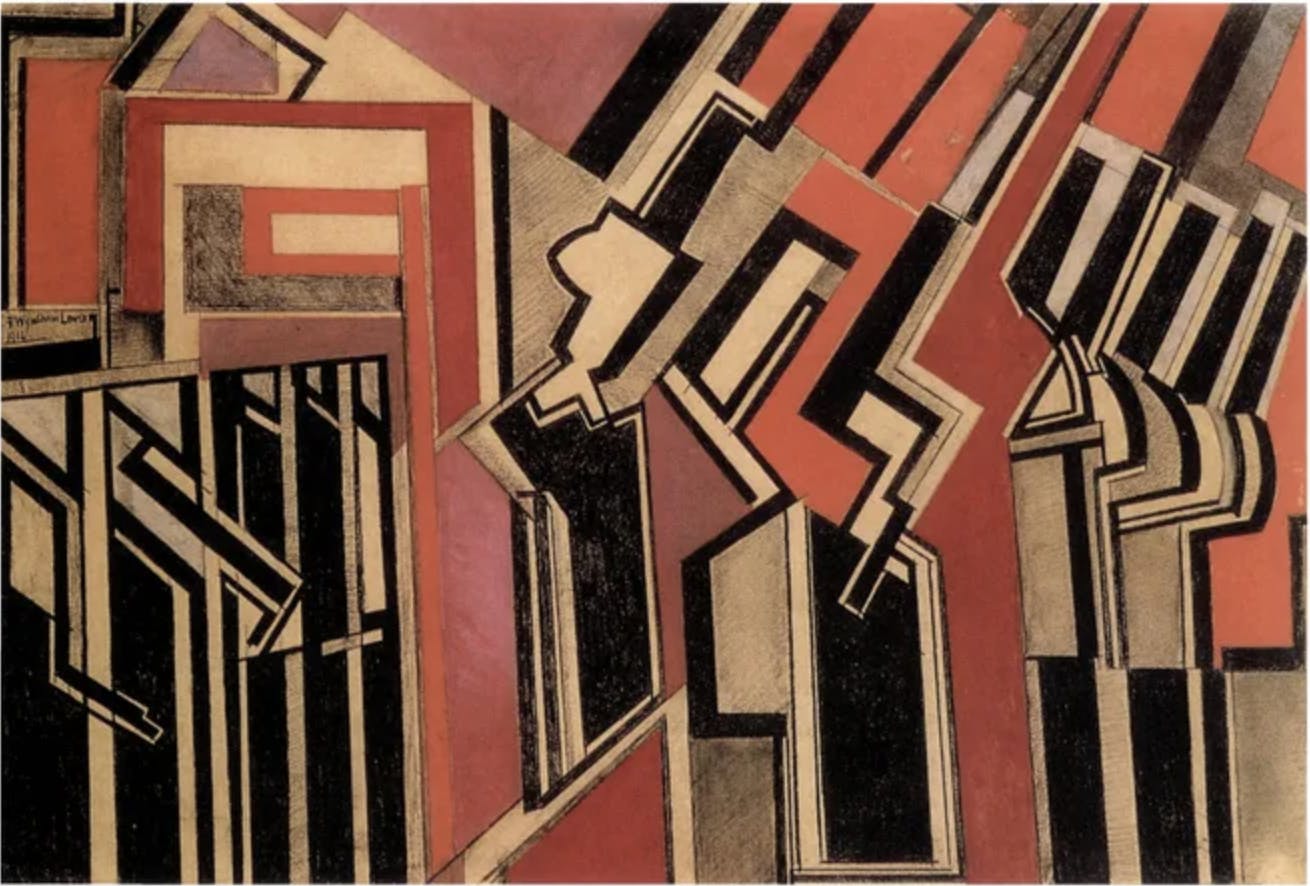 Wyndham Lewis painting, Red Duet, chalk and gouache on paper