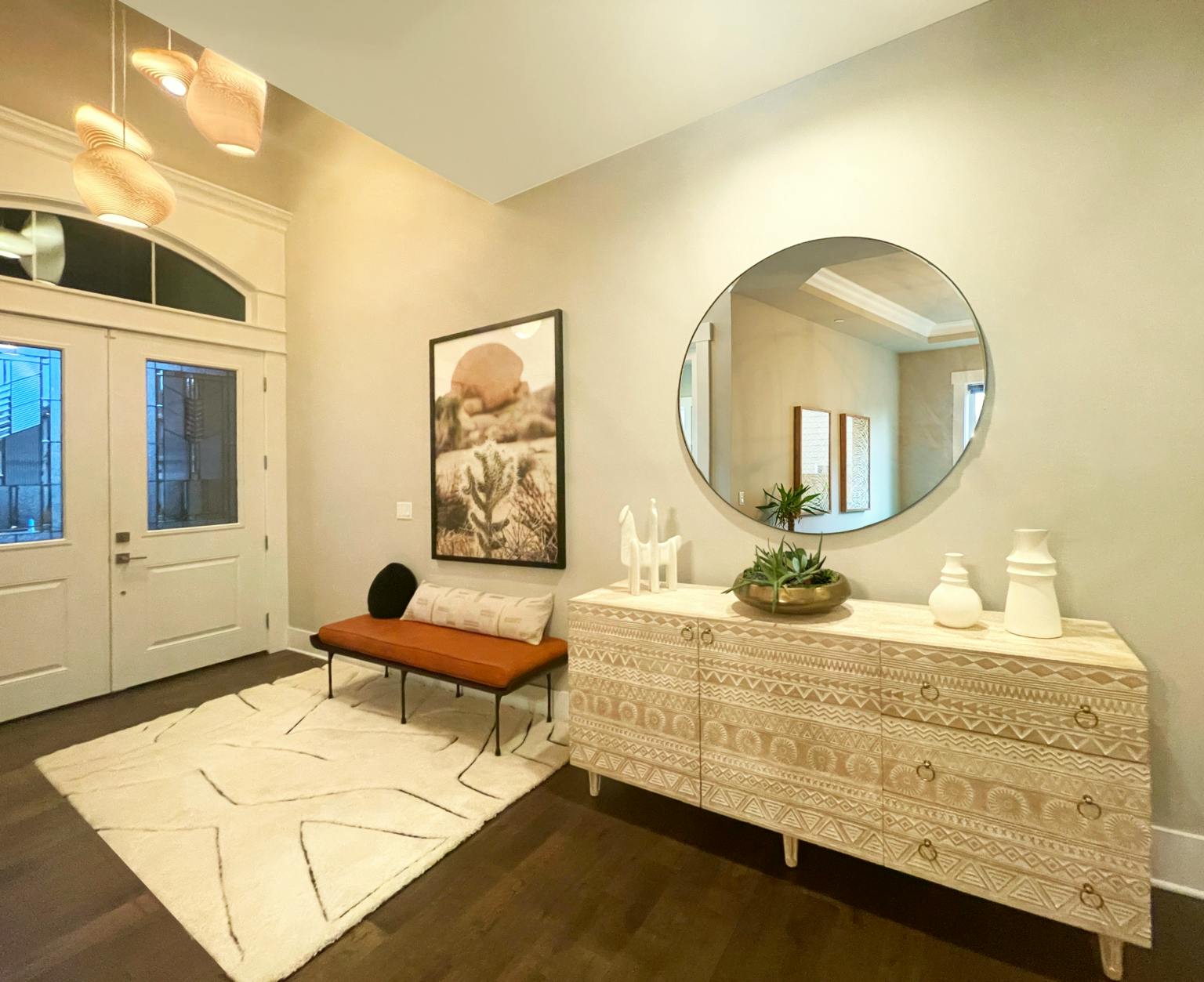 Entry hallway design with bench and console table