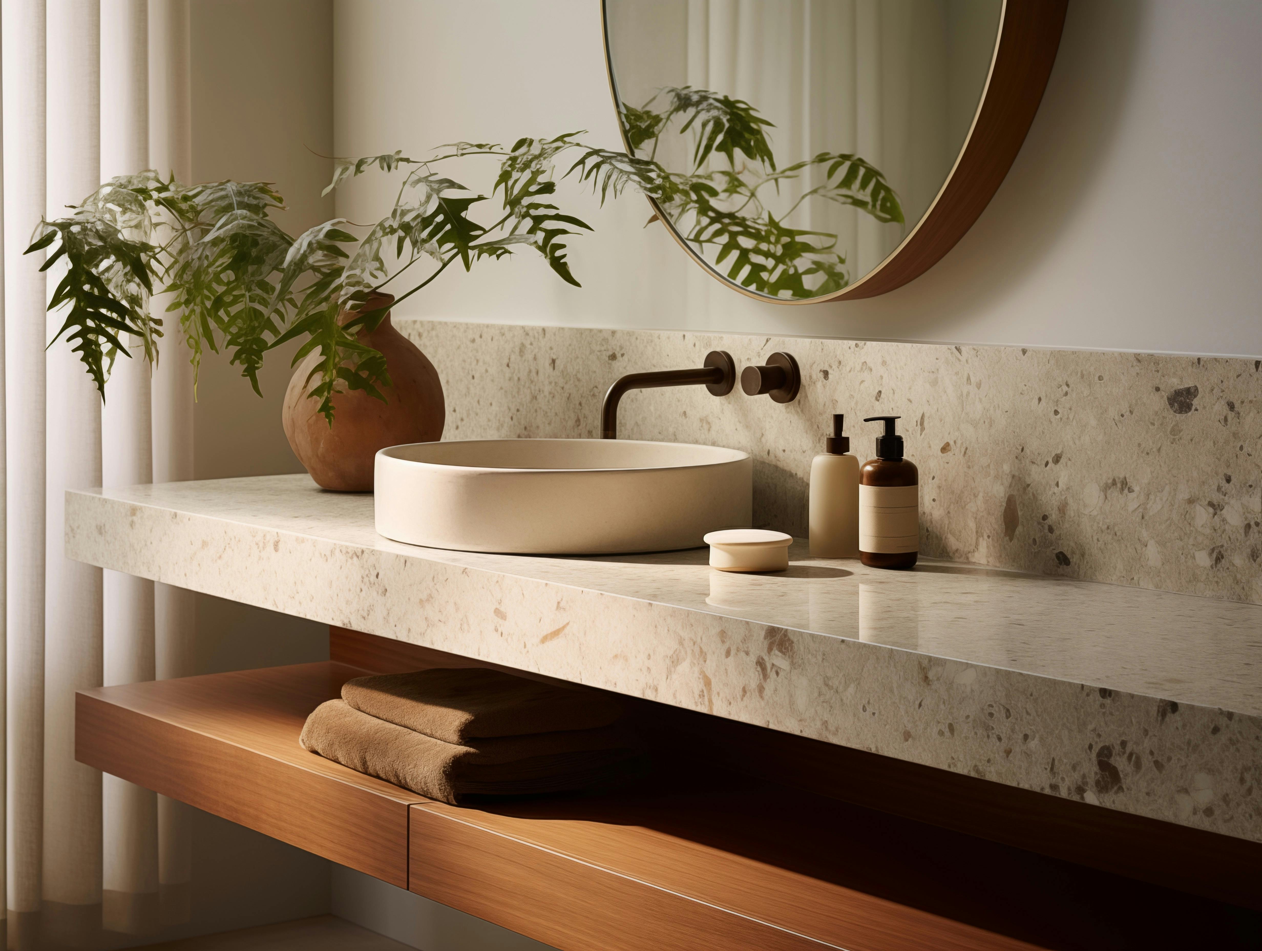 AI Visualization by Persimmon Design of Terrazzo surfaces in a Bathroom