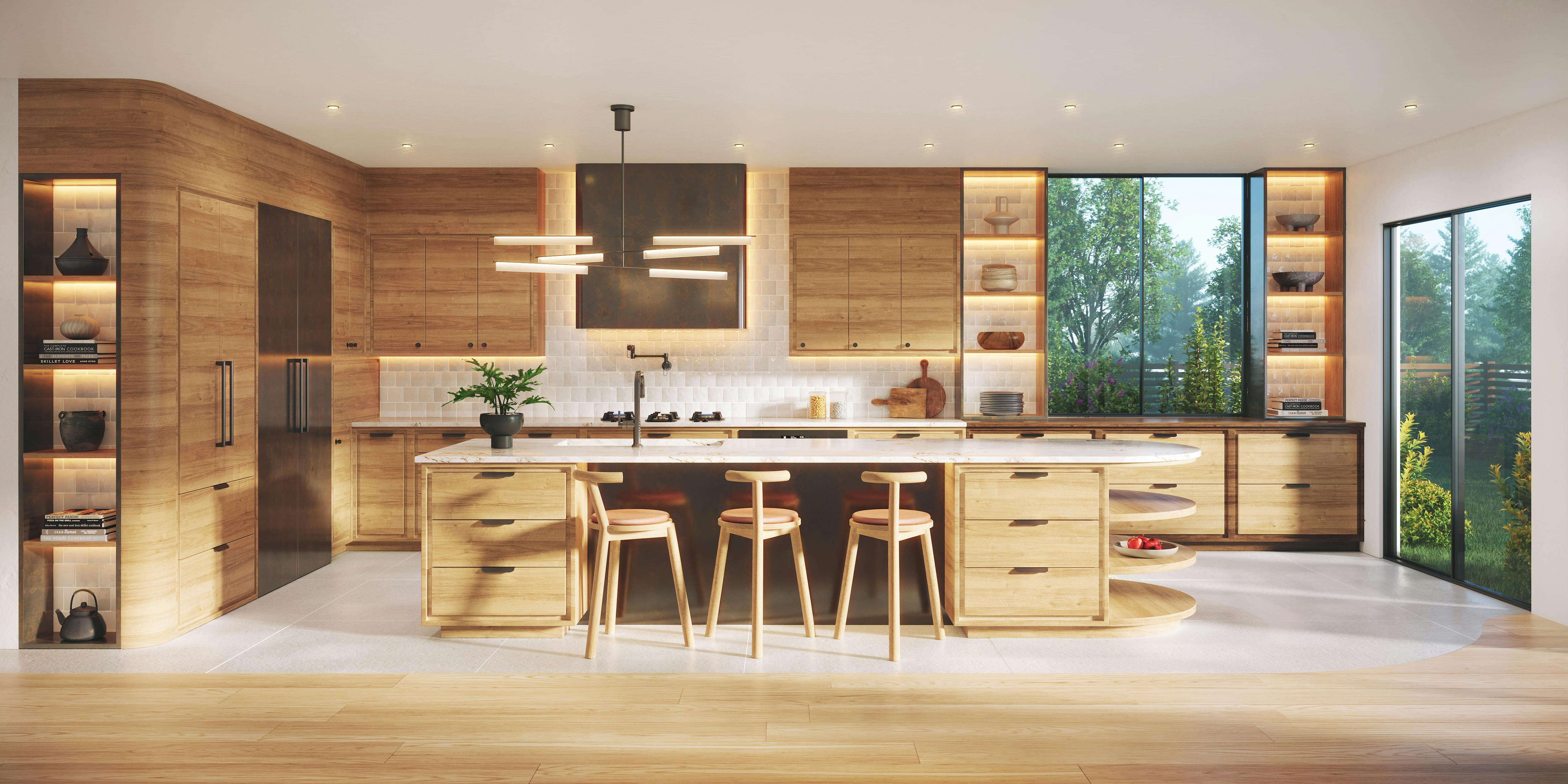 Rendering of kitchen designed by Persimmon Design featuring intelligent appliances