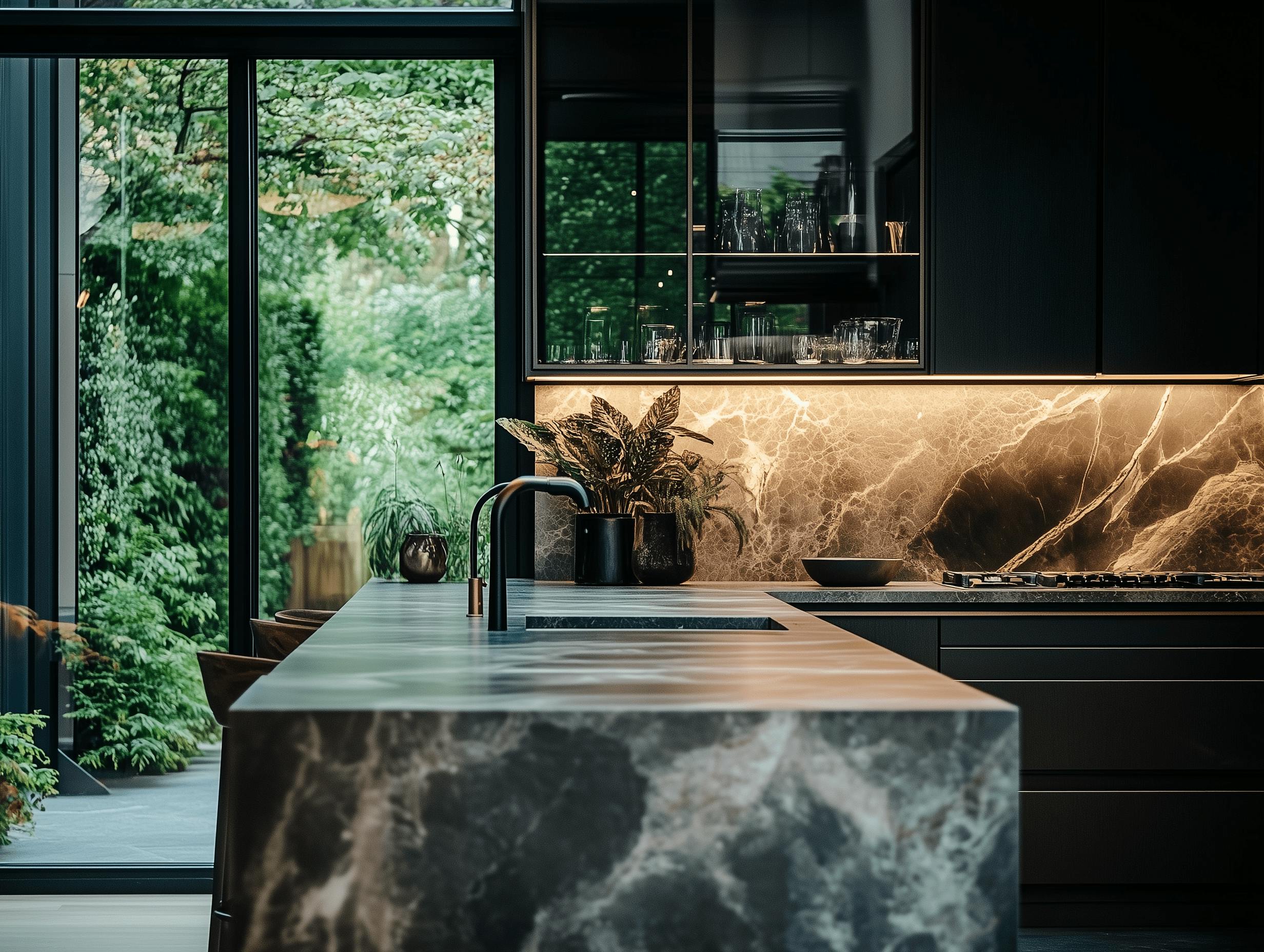 Natural light and greenery warm up this dramatic kitchen