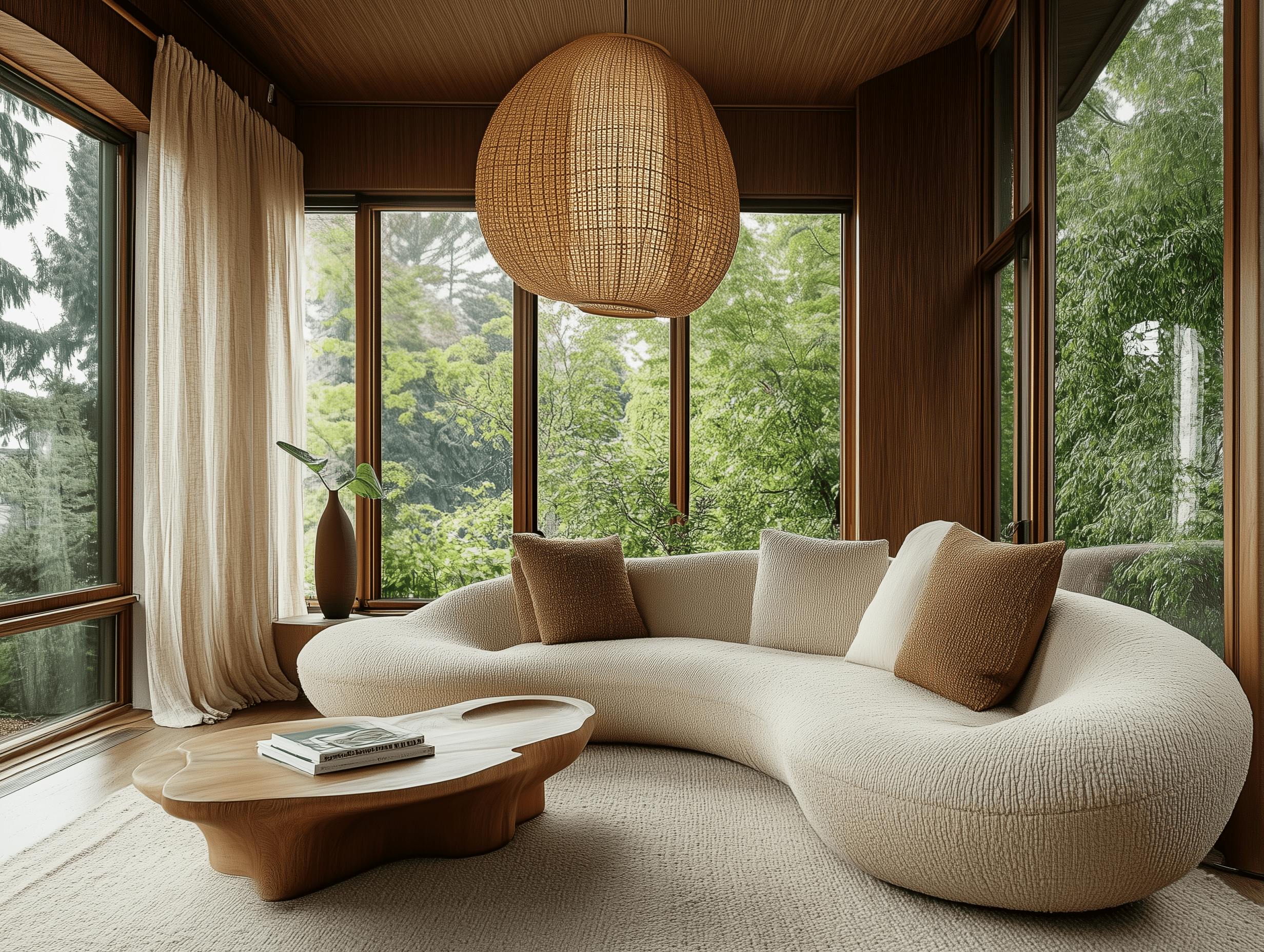 Resplendent Sunroom with natural textiles, reclaimed wood, and rattan lighting in Medina, WA.