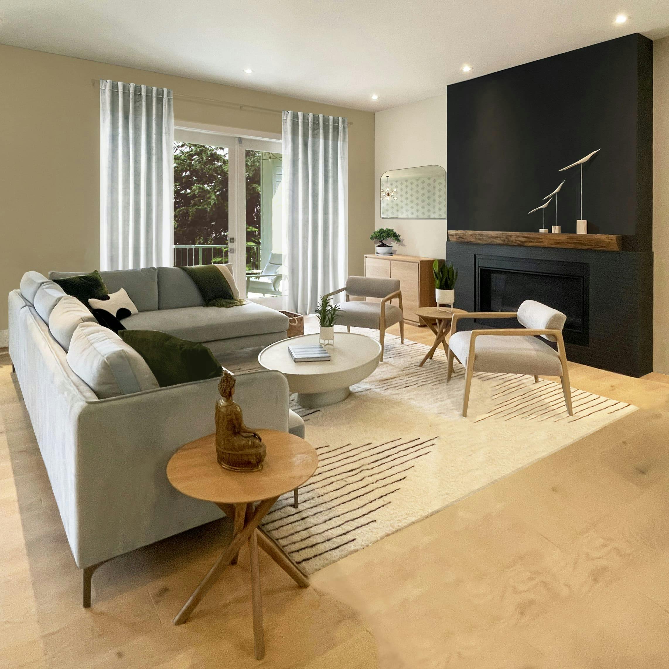 Living Room in Medina, WA designed by Persimmon Design features natural materials and FSC certified wood flooring