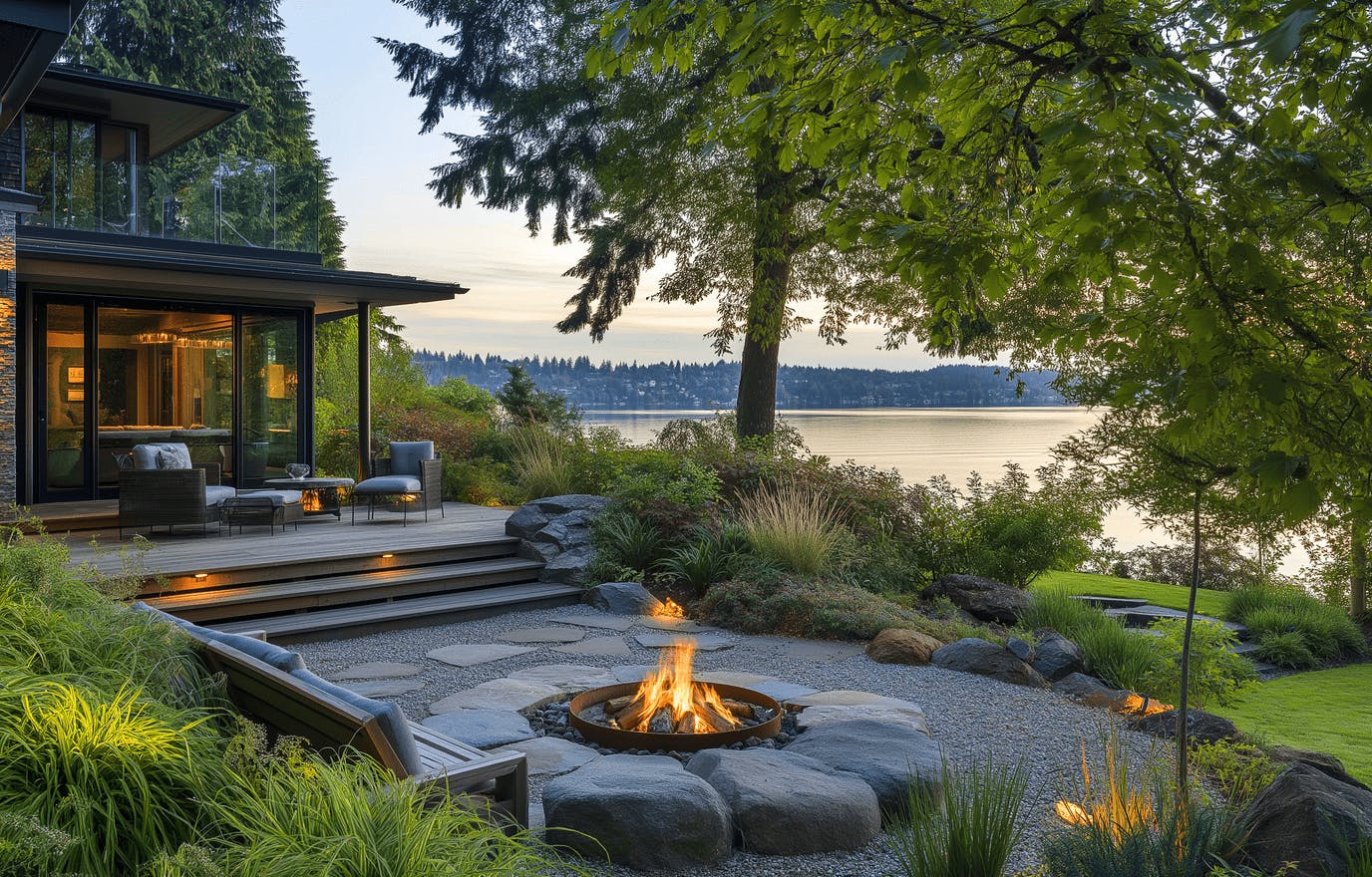 Lakefront backyard with a deck
