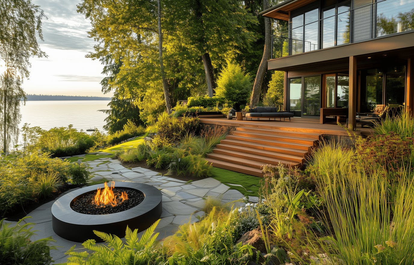 Comfortable seating around firepit in a Medina home