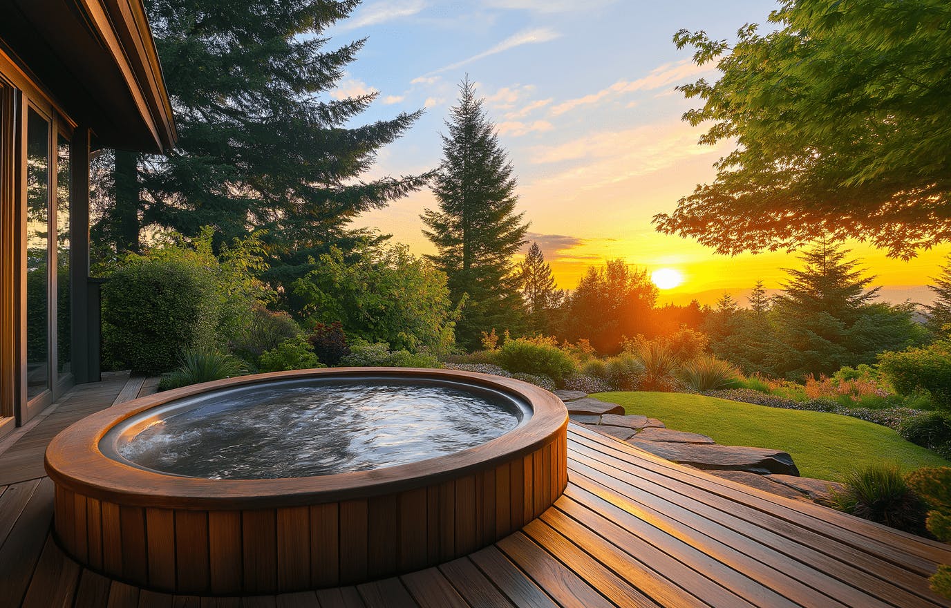 Backyard with natural spa and wood deck in Medina WA