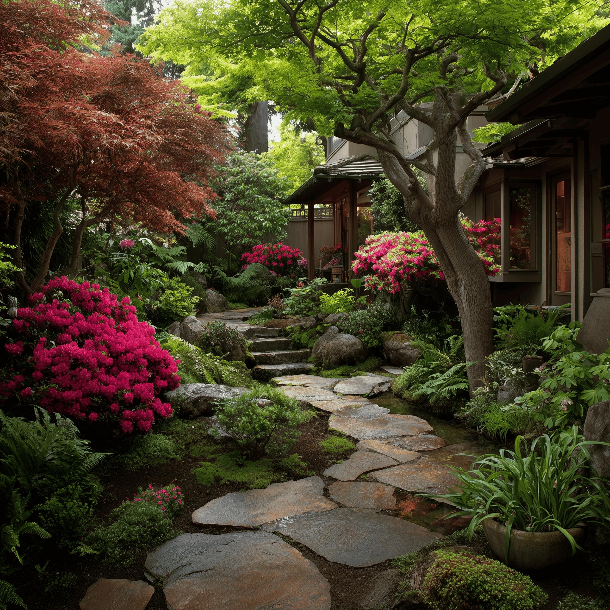 Colorful rhododendrons line a flagstone pathway in this Japanese inspired Seattle garden landscape