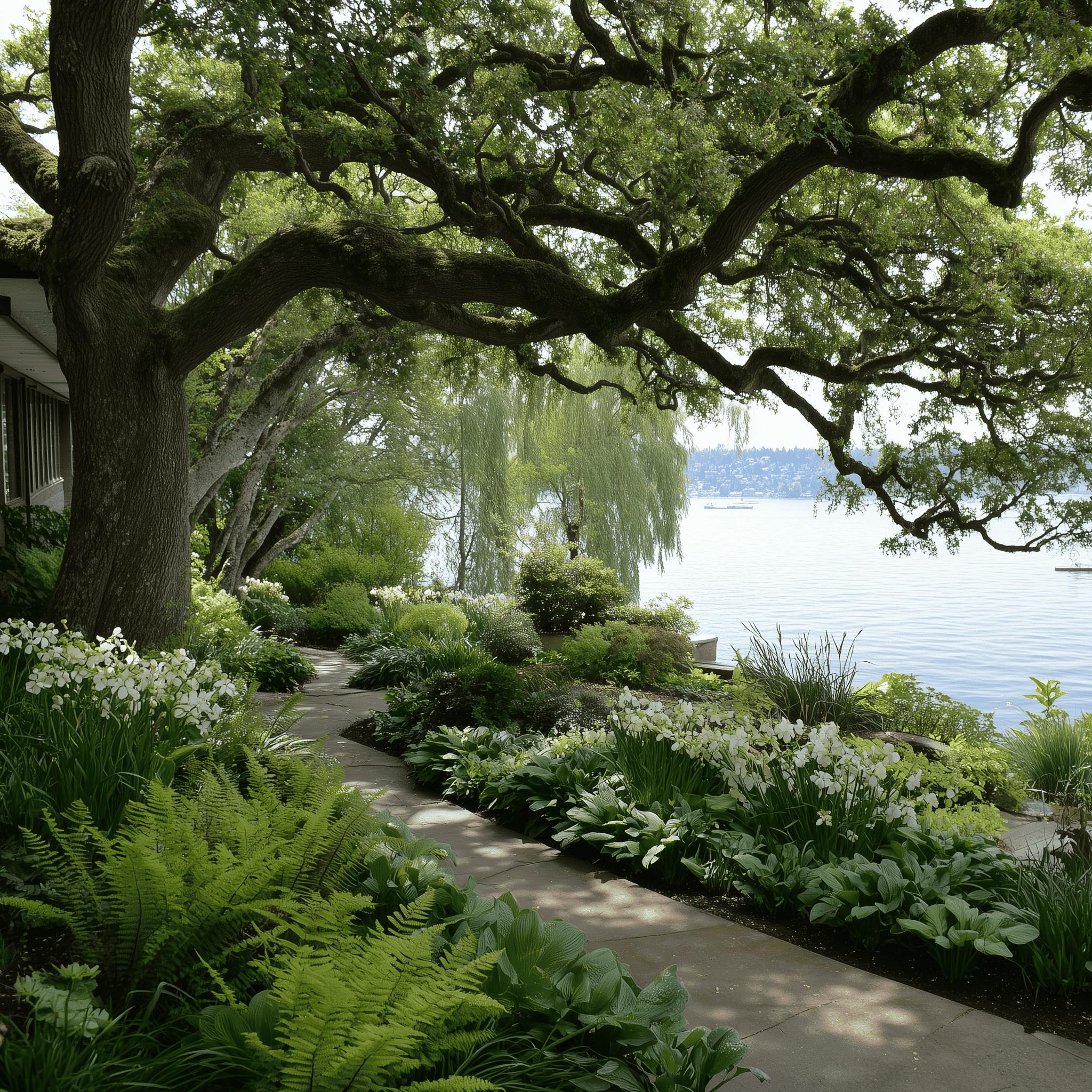 Hostas and ferns thrive under the shade of a big oak tree in this lakefront garden in Seattle
