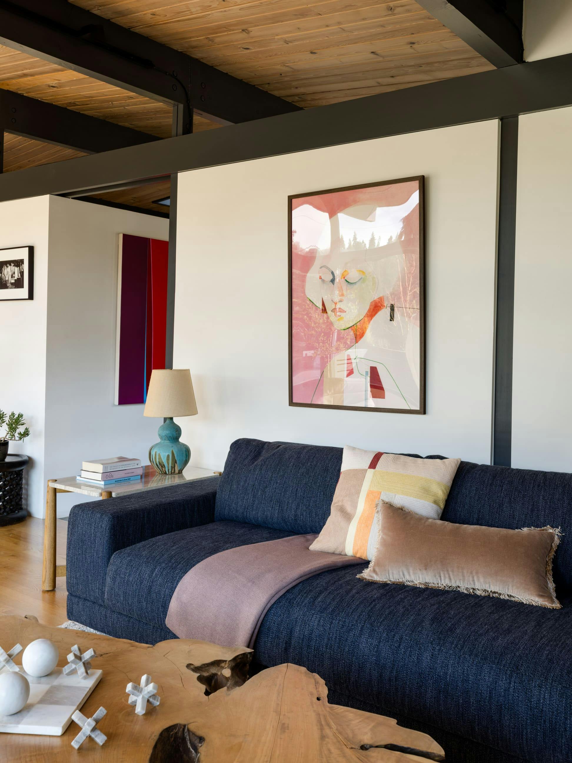 With layered textures, playful décor, and vintage finds, Persimmon Design created a highly curated Family Room that resonates with the client.  Photo courtesy: Miranda Estes Photography