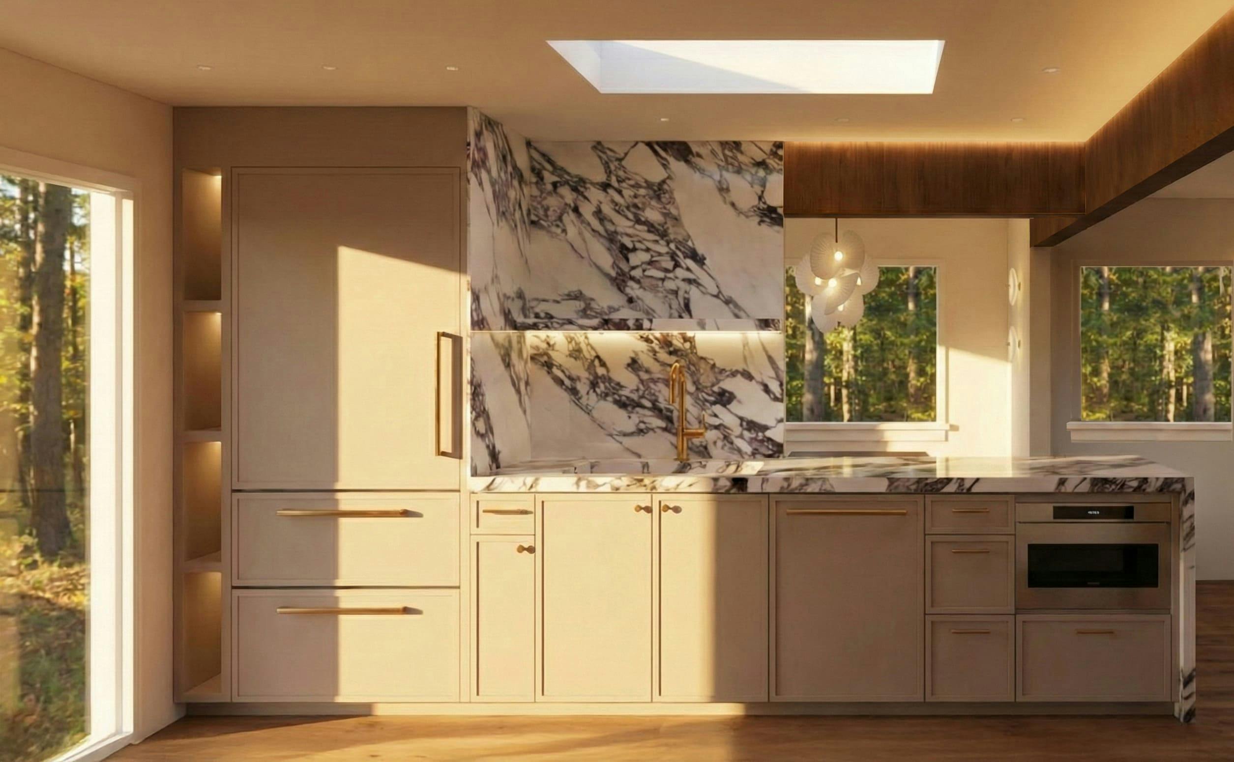 On the first walkthrough, designer Anu Kurup noticed the breakfast nook was brightly lit with a big window, but the kitchen needed brightening up. This lead to the addition of a skylight and a full height picture window to the new design of the kitchen.  