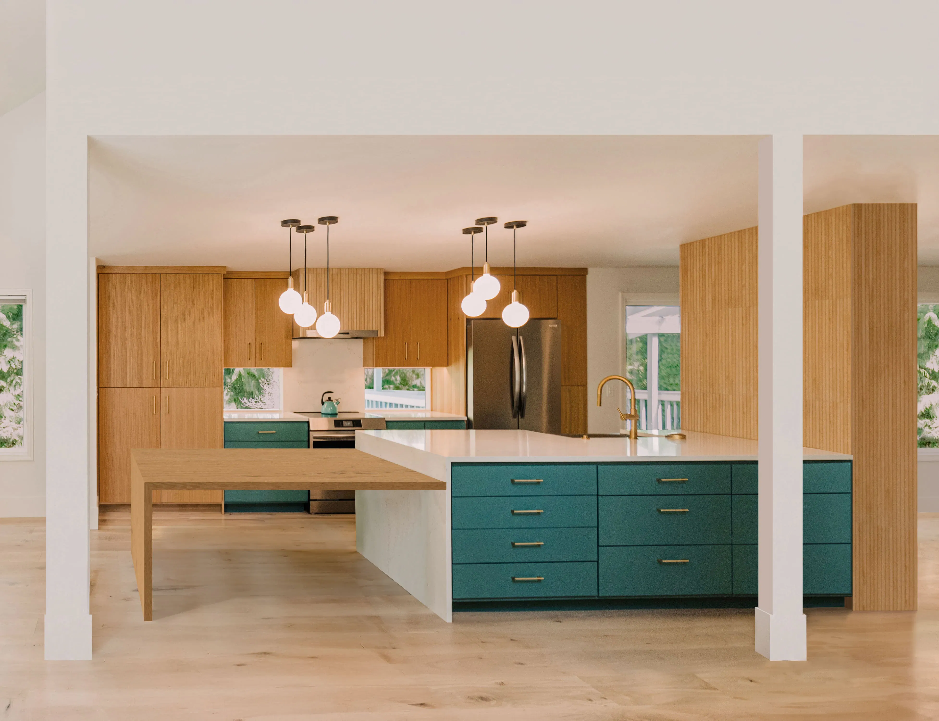 In this kitchen designed by Persimmon Design, the lowered ceiling plane gently defines the kitchen as the hub of the home, creating a sense of intimacy within the larger volume of the open plan space.