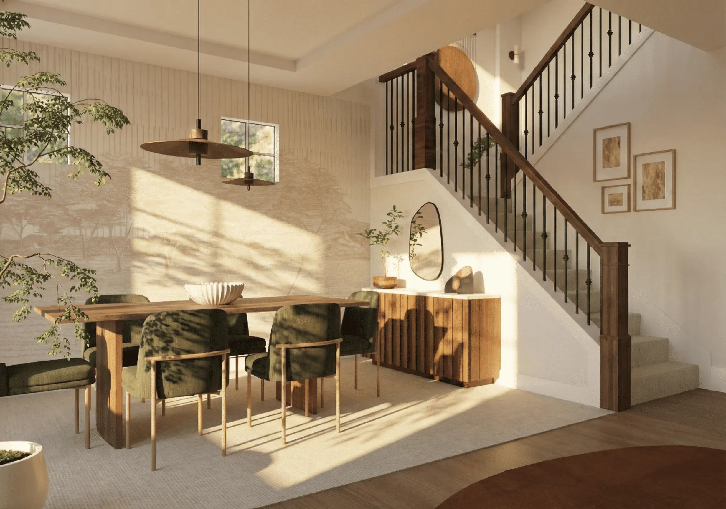 In this rendering of a dining space designed by Seattle Interior Designer - Persimmon Design, scale and proportion do the quiet work of making the room feel both expansive and intimate: a substantial wood table holds its own against the soaring stairway, while low, sculptural lighting brings the eye back down to human level. The result is a room that feels beautifully balanced — generous in volume, but still gracious and intimate.