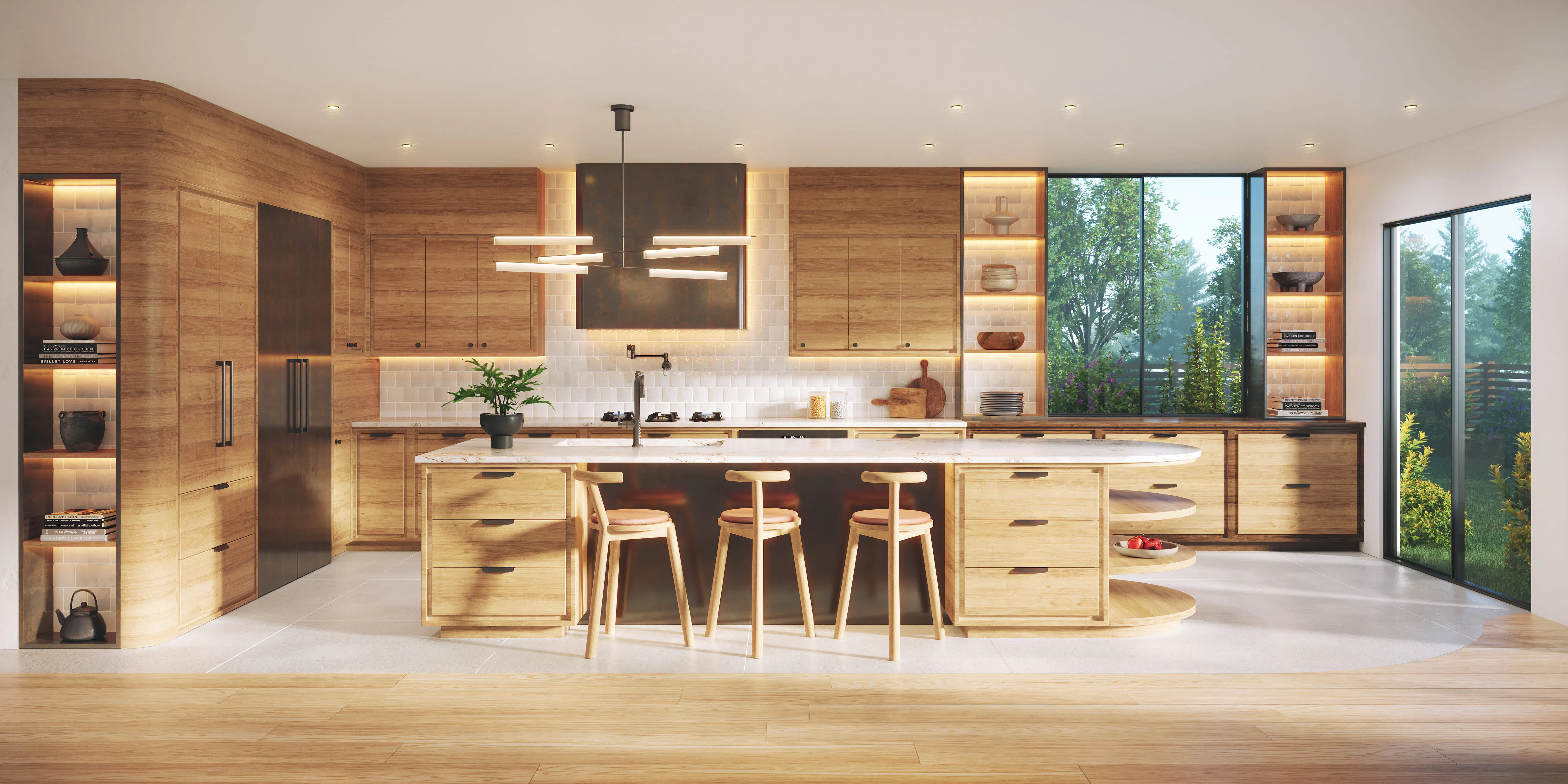 This kitchen rendering by Persimmon Design is a perfect example of why hiring a designer early can completely reshape what is possible within a home. The design reimagines the architecture by transforming it to a light-filled gathering space. White Oak cabinetry wraps the room, while softly illuminated niches, sculptural curves, and layered lighting create a feeling that is both grounded and quietly luxurious. The oversized island becomes more than a workspace — it becomes the heart of the home, designed for slow mornings, shared meals, and the rhythms of everyday life.