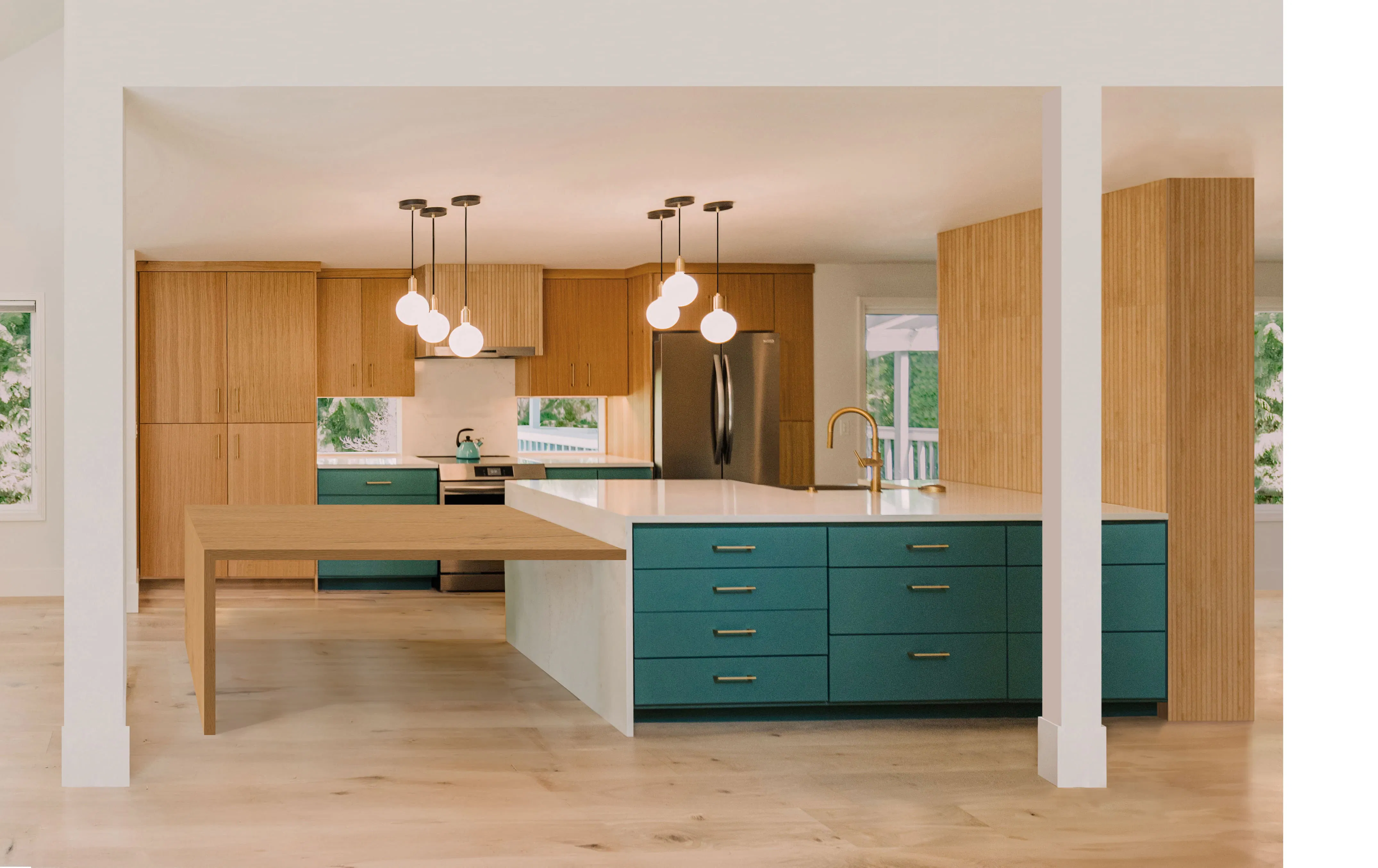 This kitchen by Persimmon Design was once closed off from the rest of the home, making the space feel disconnected and confined. Through a dramatic transformation, the kitchen now flows seamlessly into the surrounding living spaces, creating a home that feels lighter, more open, and far more connected to daily life. The integrated dining extension, warm wood textures, and convenient layout, all stem from a strong design concept that shaped the space from the very beginning.