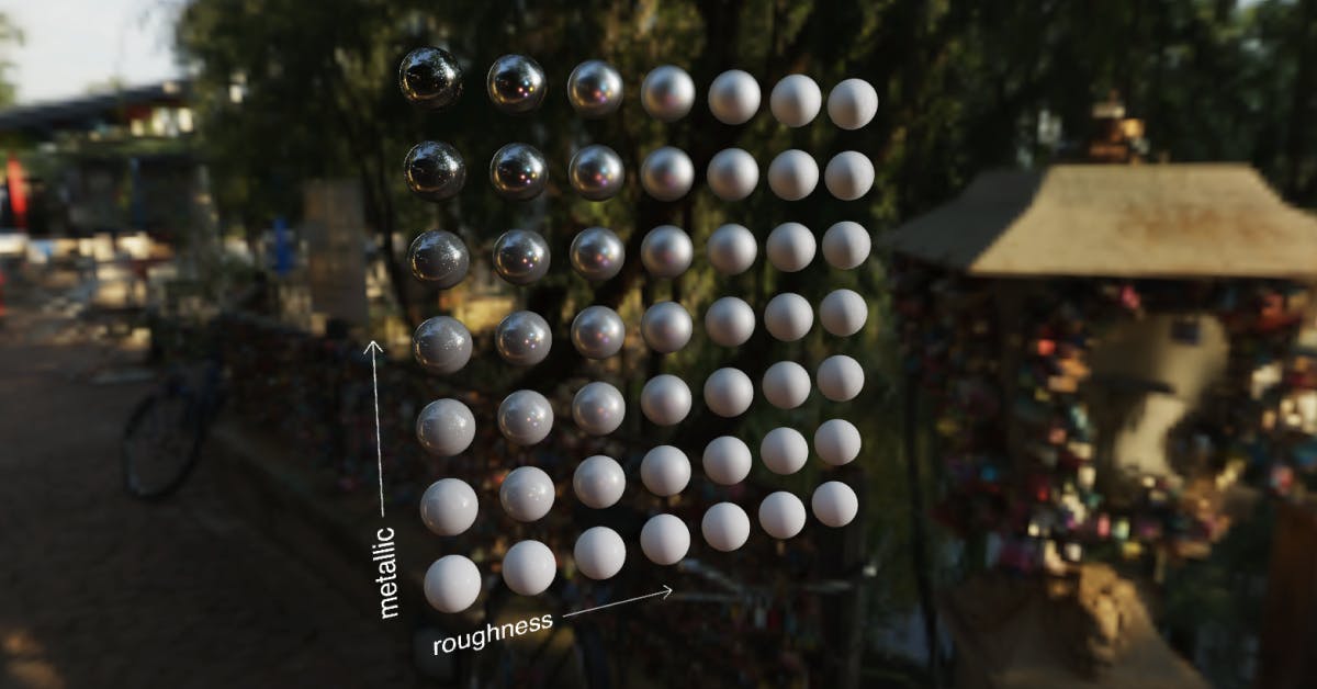 Screenshots of rendered spheres demonstrating roughness and metallic parameters in Physically Based Rendering