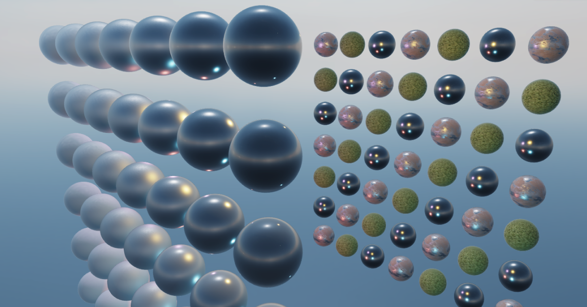 Screenshots of rendered spheres demonstrating roughness and metallic parameters in Physically Based Rendering