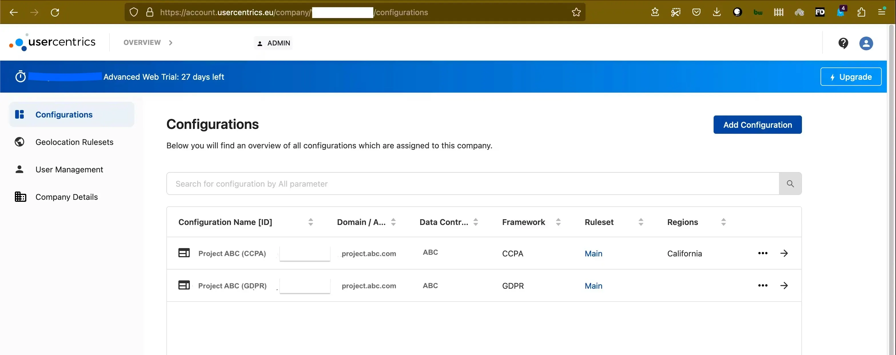 2. Usercentrics configurations page