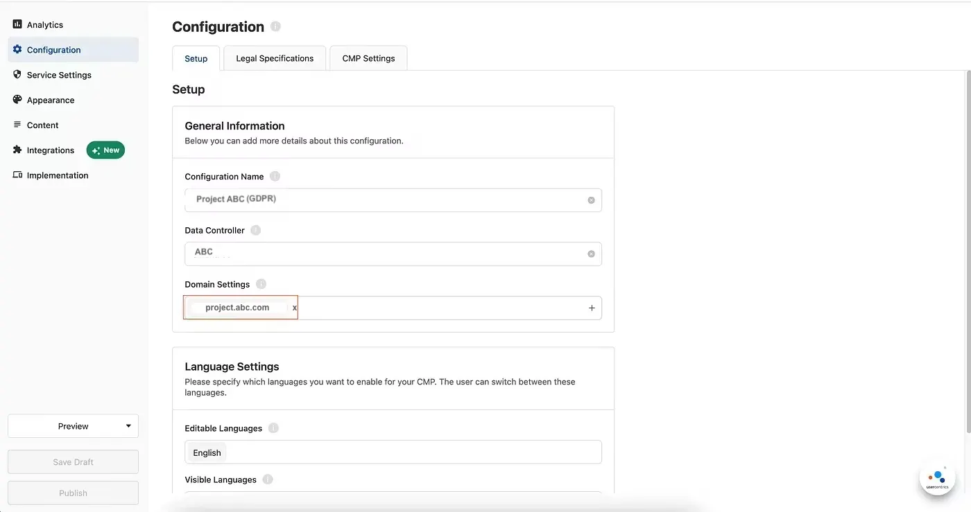 Usercentrics configuration settings