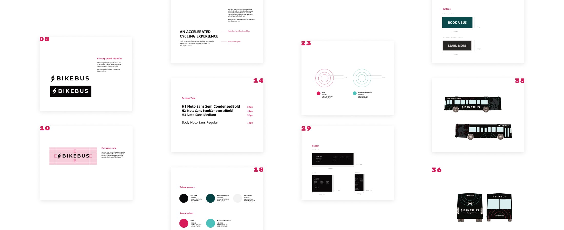 Various pages from the final brand book on a white background