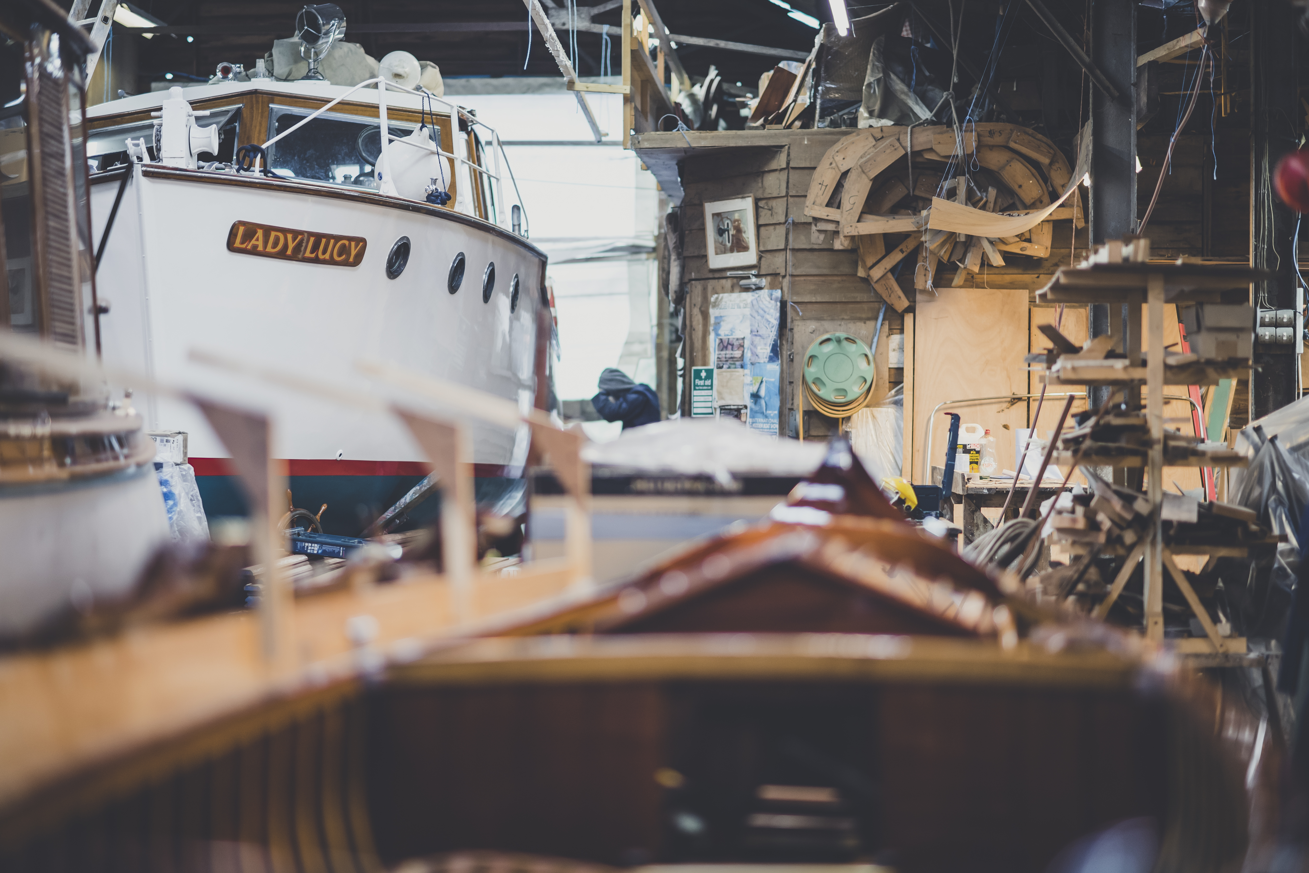Wooden boat restoration, Osborne Falcon cruiser on the slipway at Peter Freebody & Co 