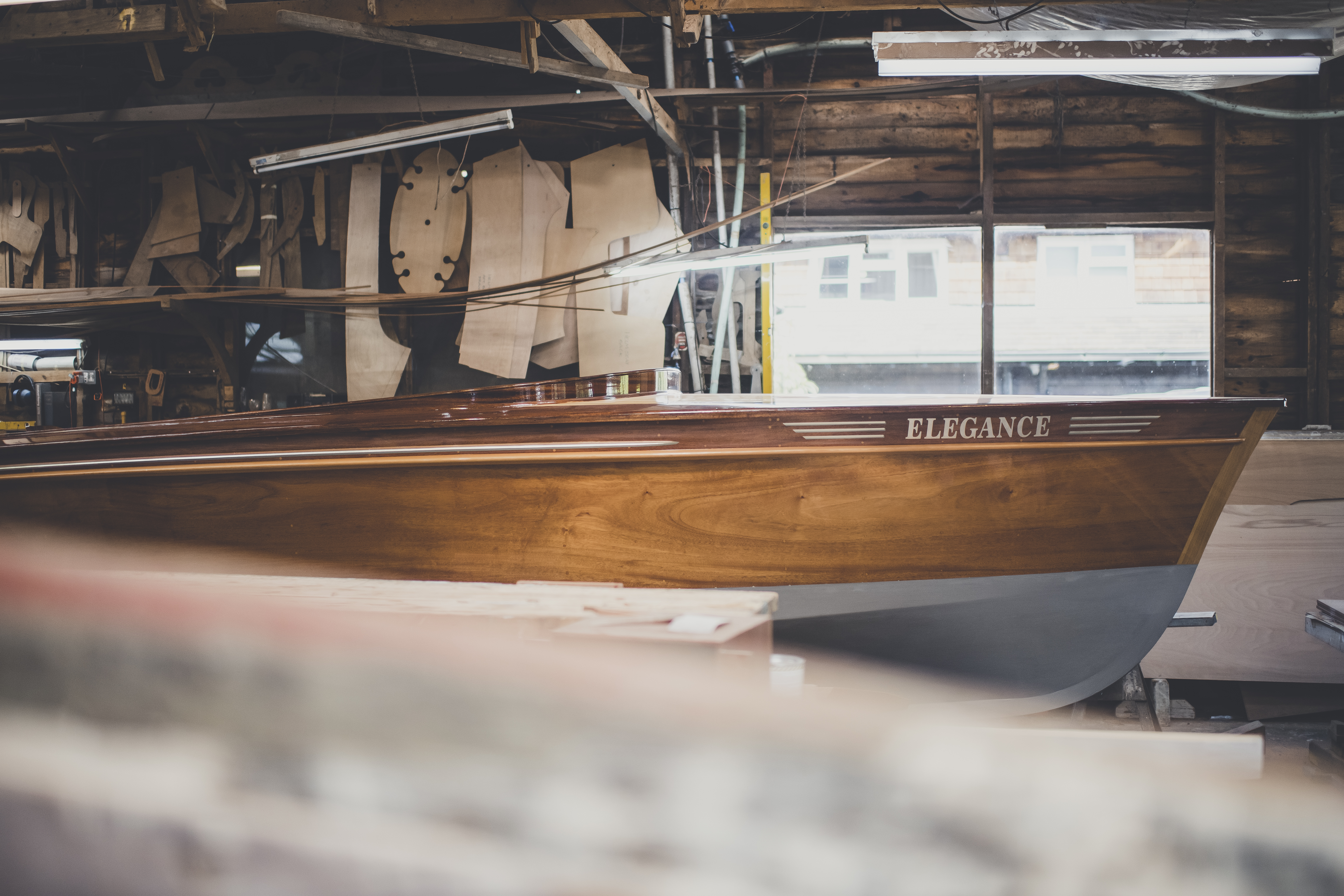 Classic boats for sale, bow of Freebody slipper launch in workshop