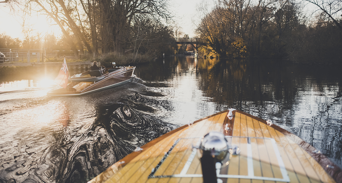 Slipper launch for sale, Freebody Slipstream slipper launches on river with sunset