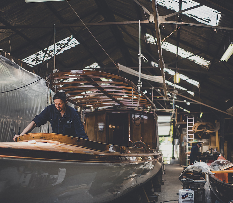 Luxury boatbuilders, Saloon launch undergoing restoration in Peter Freebody & Co workshop