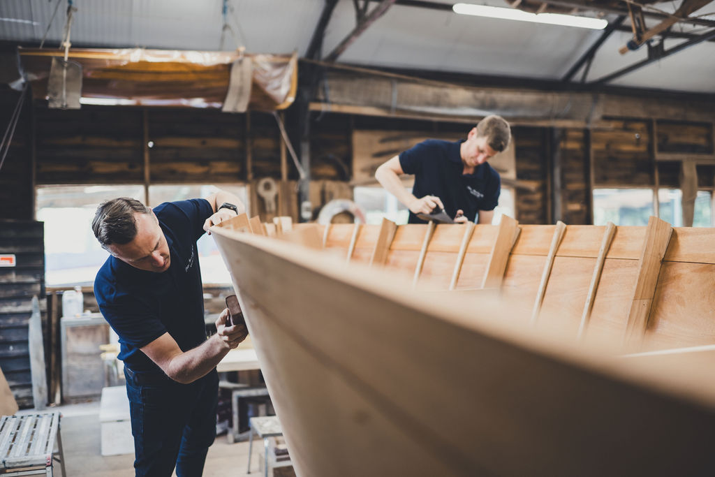 Classic boats for sale, Peter Freebody & Co boatbuilders working on new build Freebody slipper launch in workshop 