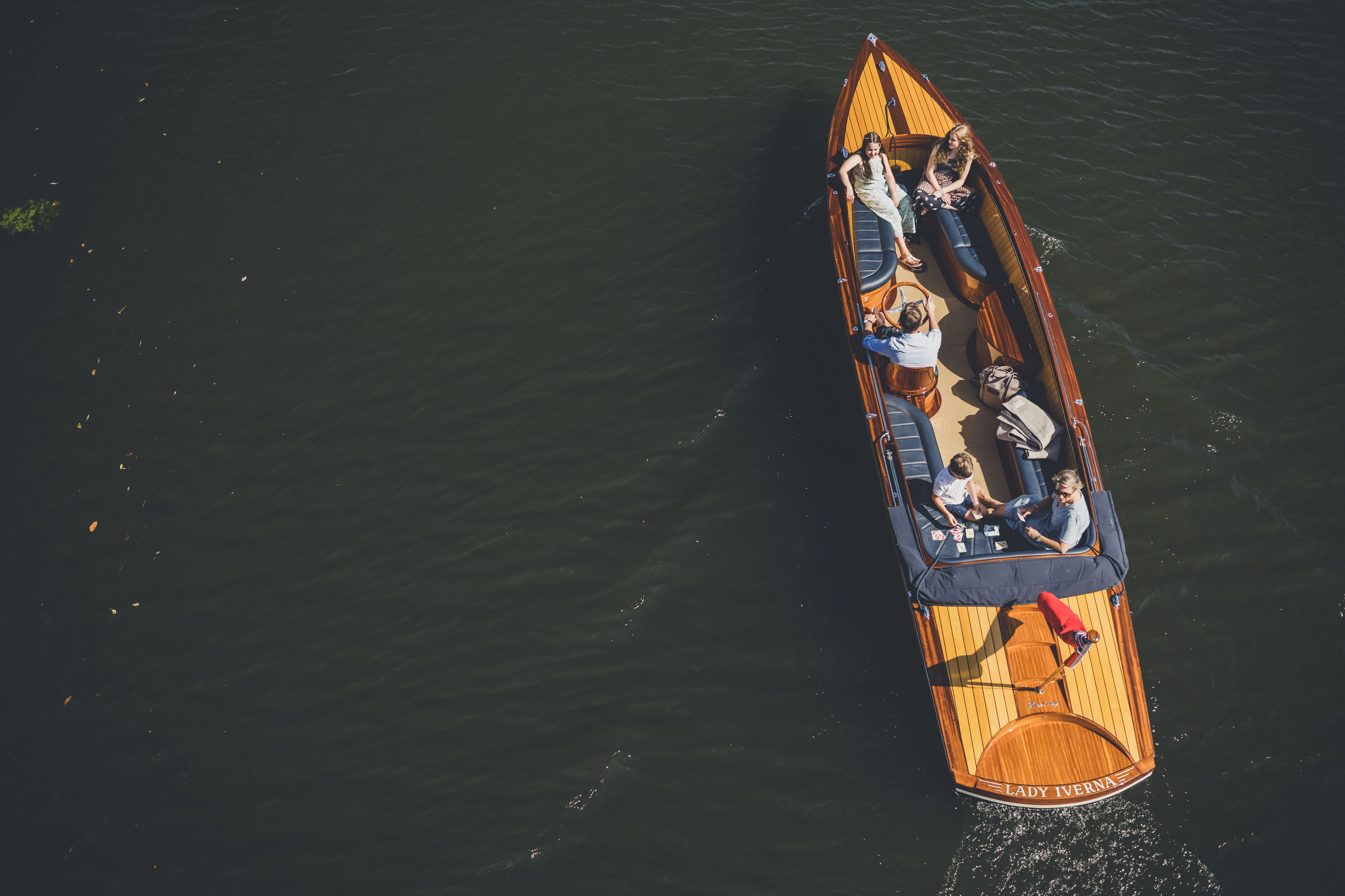 Classic boats for sale, overhead view of Freebody Silhouette slipper launch on river Thames 